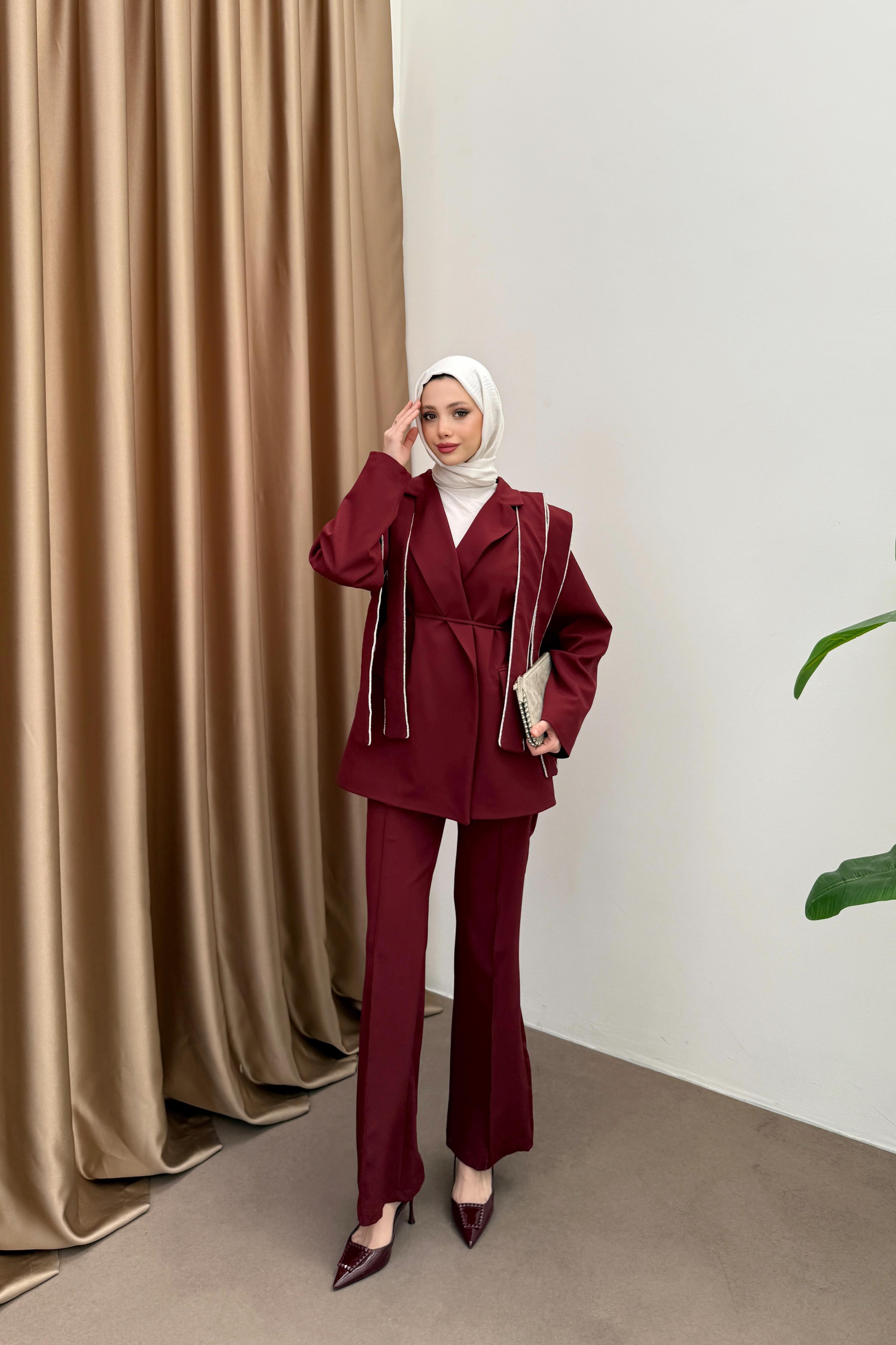 Taşlı Tasarım Blazer Takım - Bordo