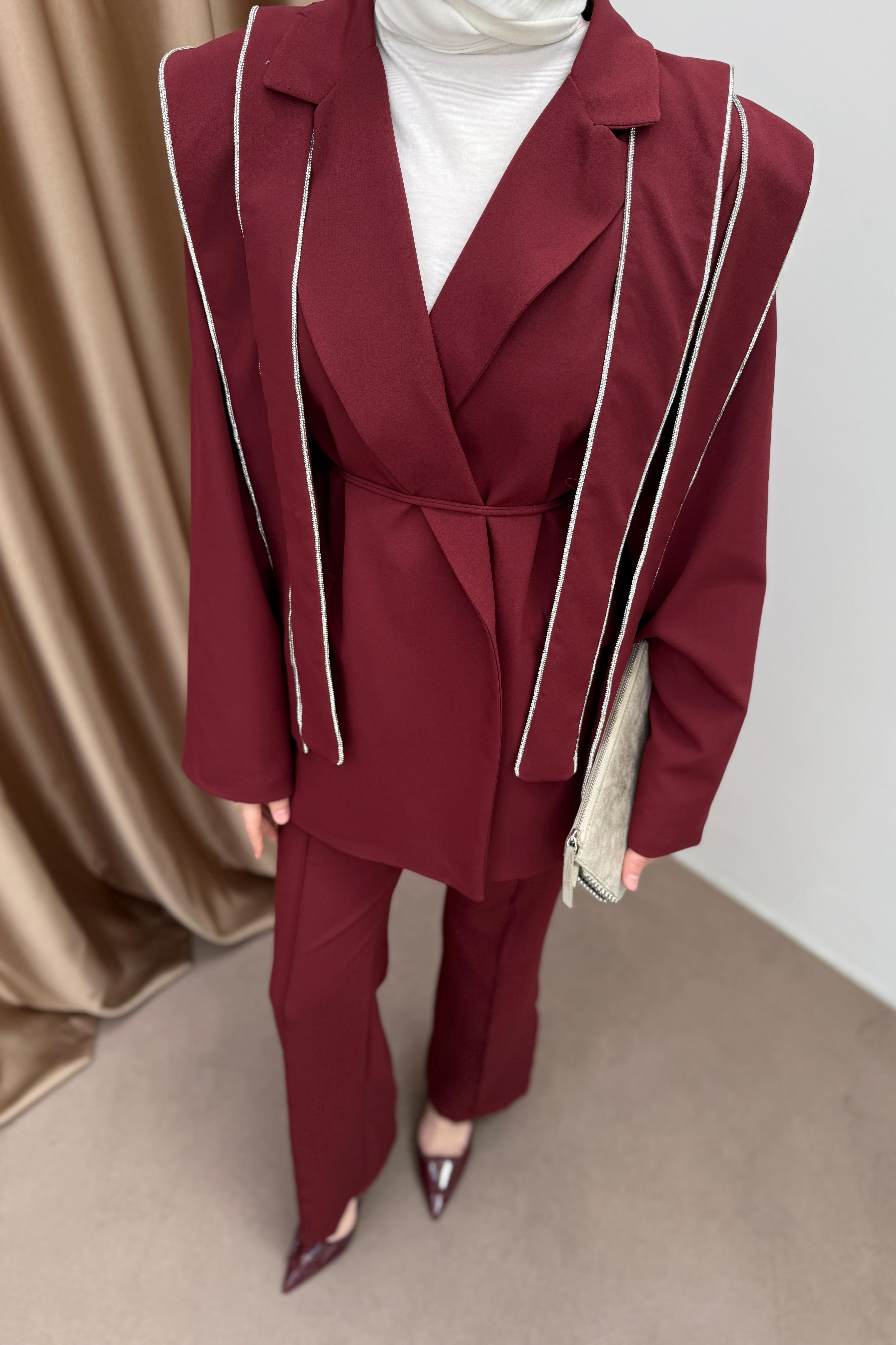 Taşlı Tasarım Blazer Takım - Bordo
