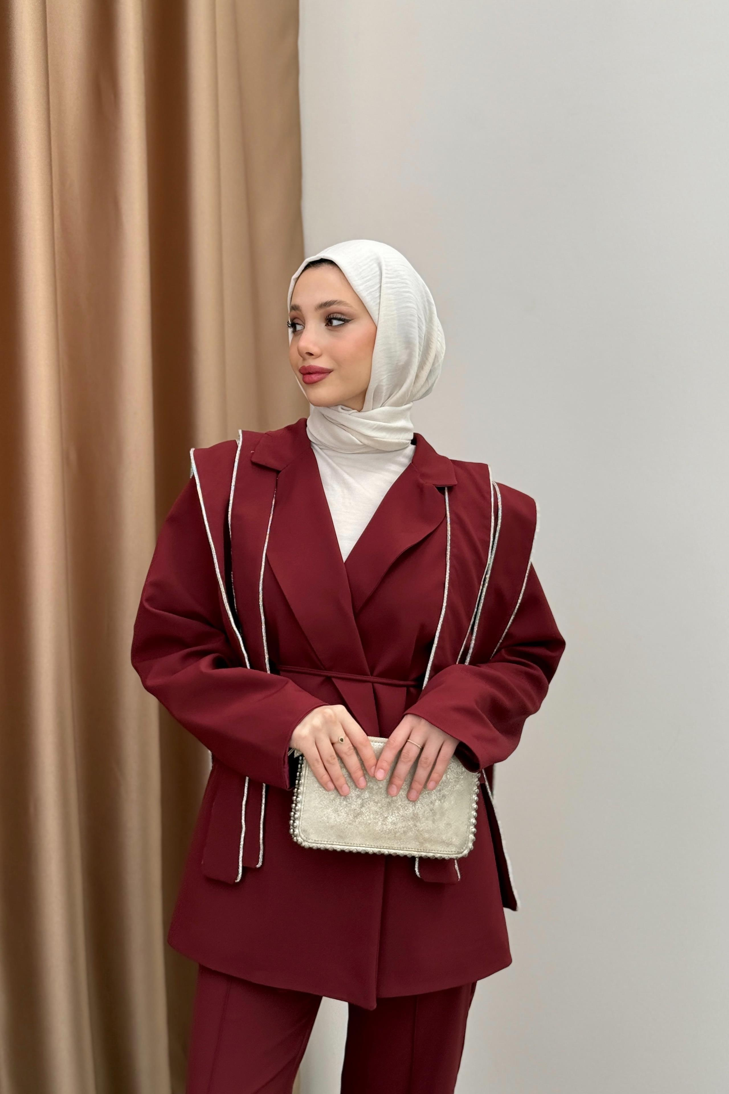 Taşlı Tasarım Blazer Takım - Bordo