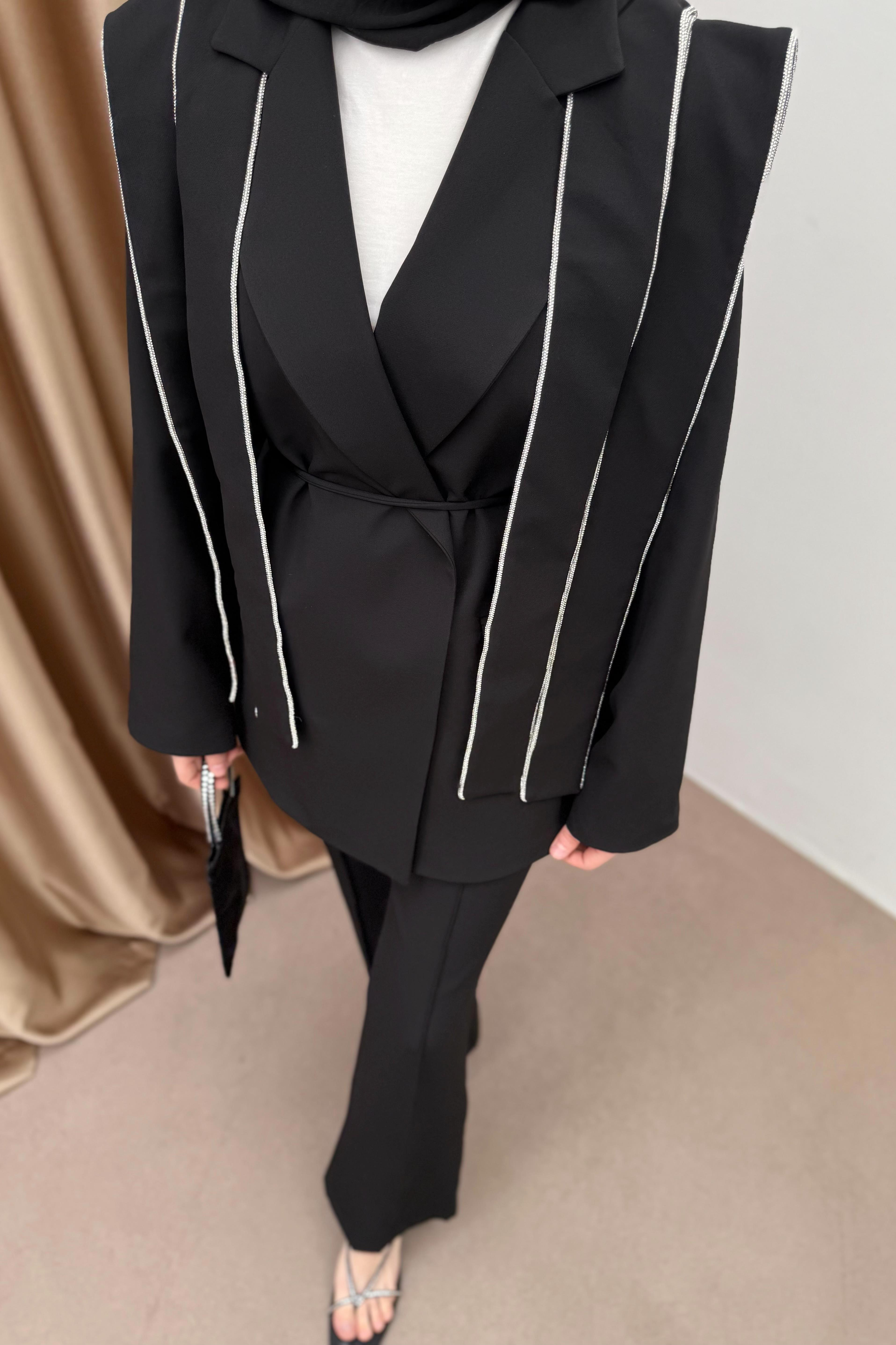 Taşlı Tasarım Blazer Takım - Siyah