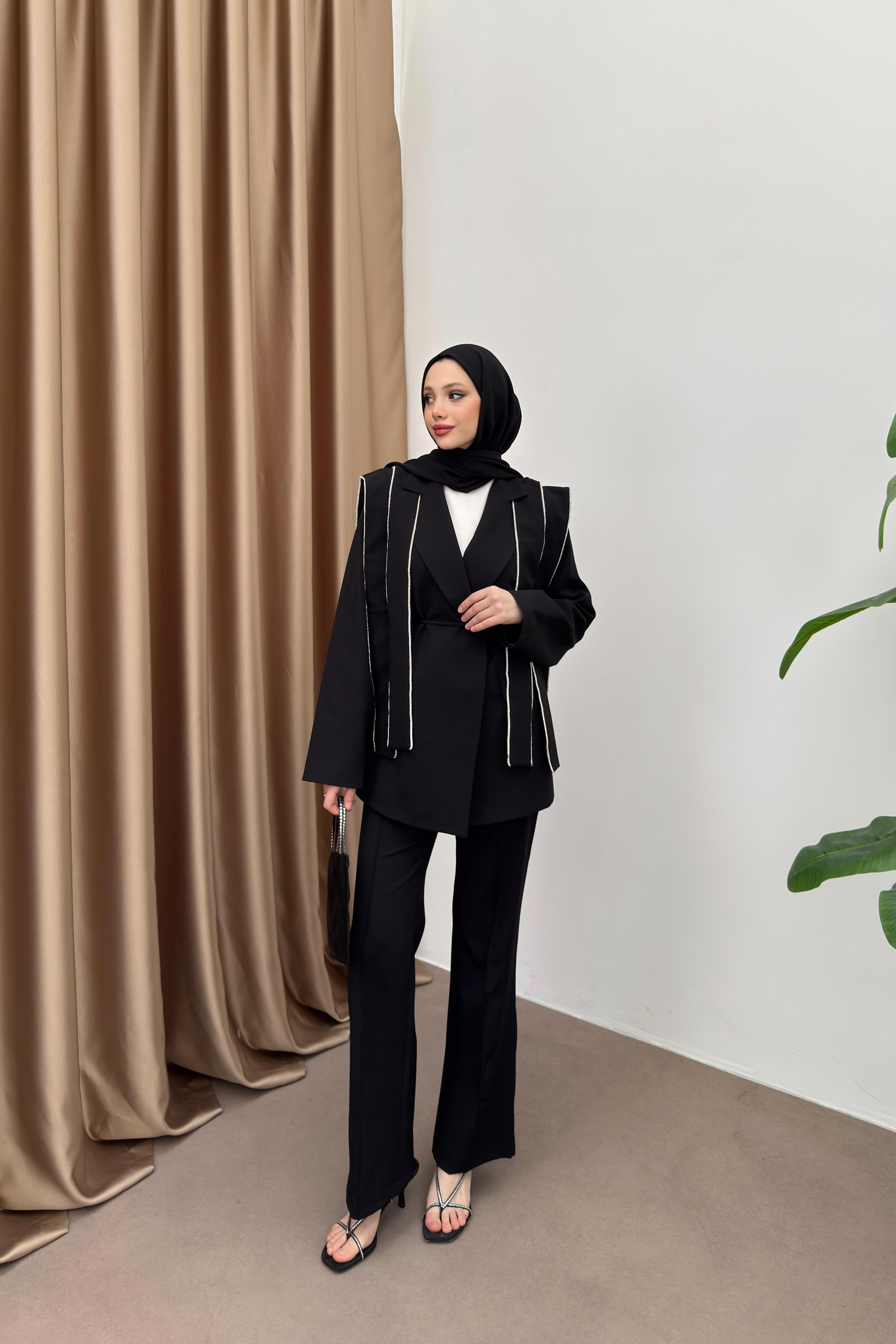 Taşlı Tasarım Blazer Takım - Siyah