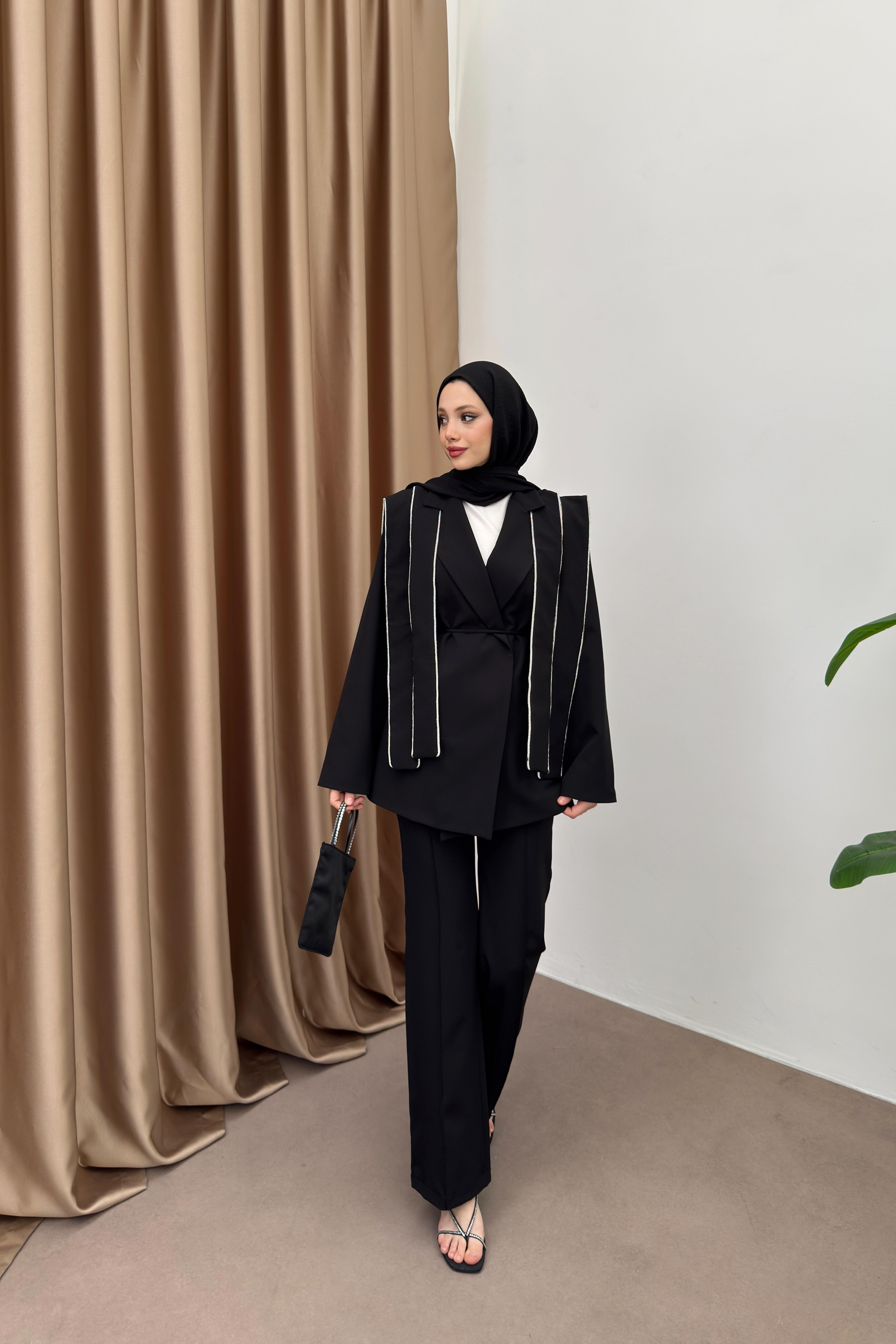 Taşlı Tasarım Blazer Takım - Siyah