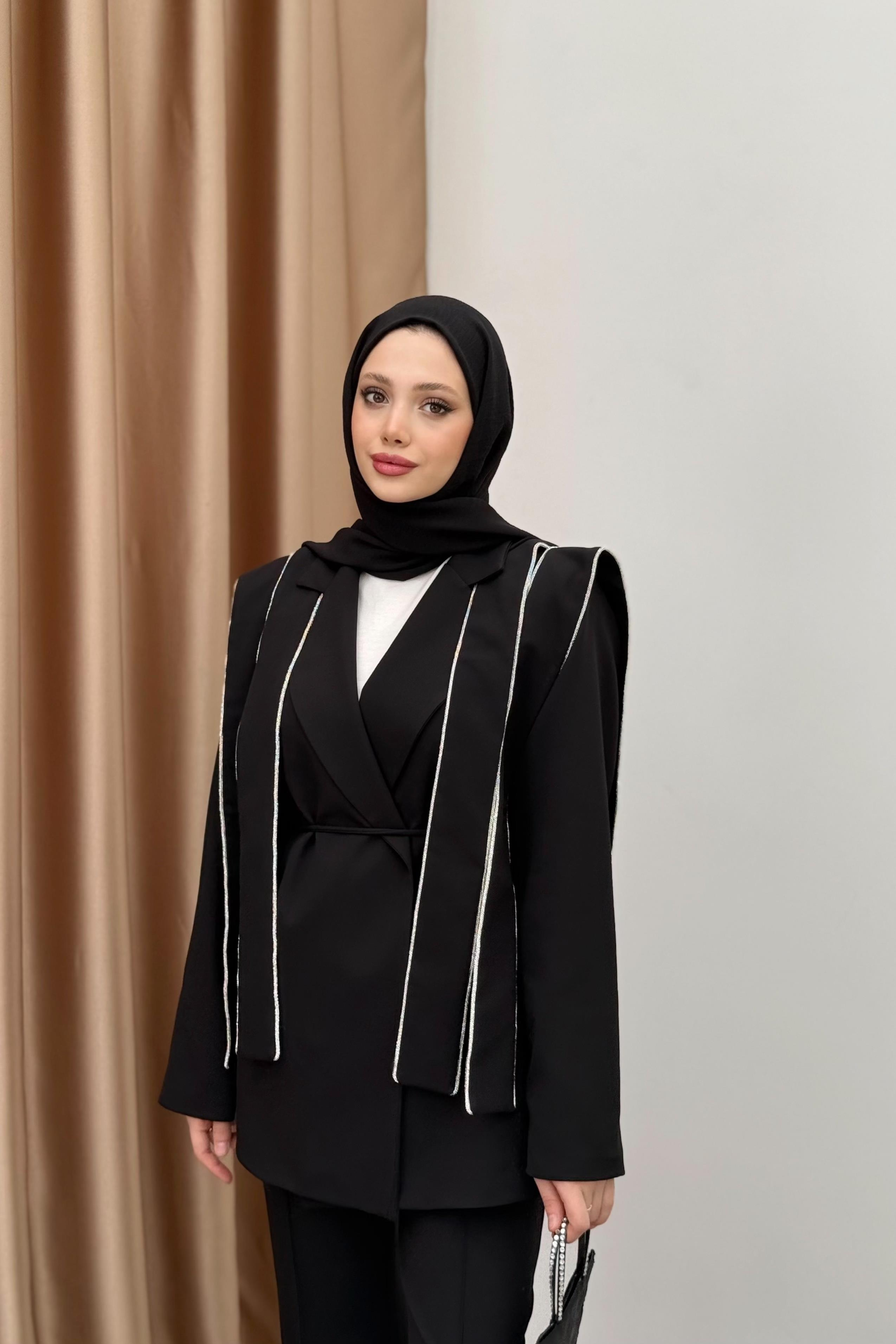 Taşlı Tasarım Blazer Takım - Siyah