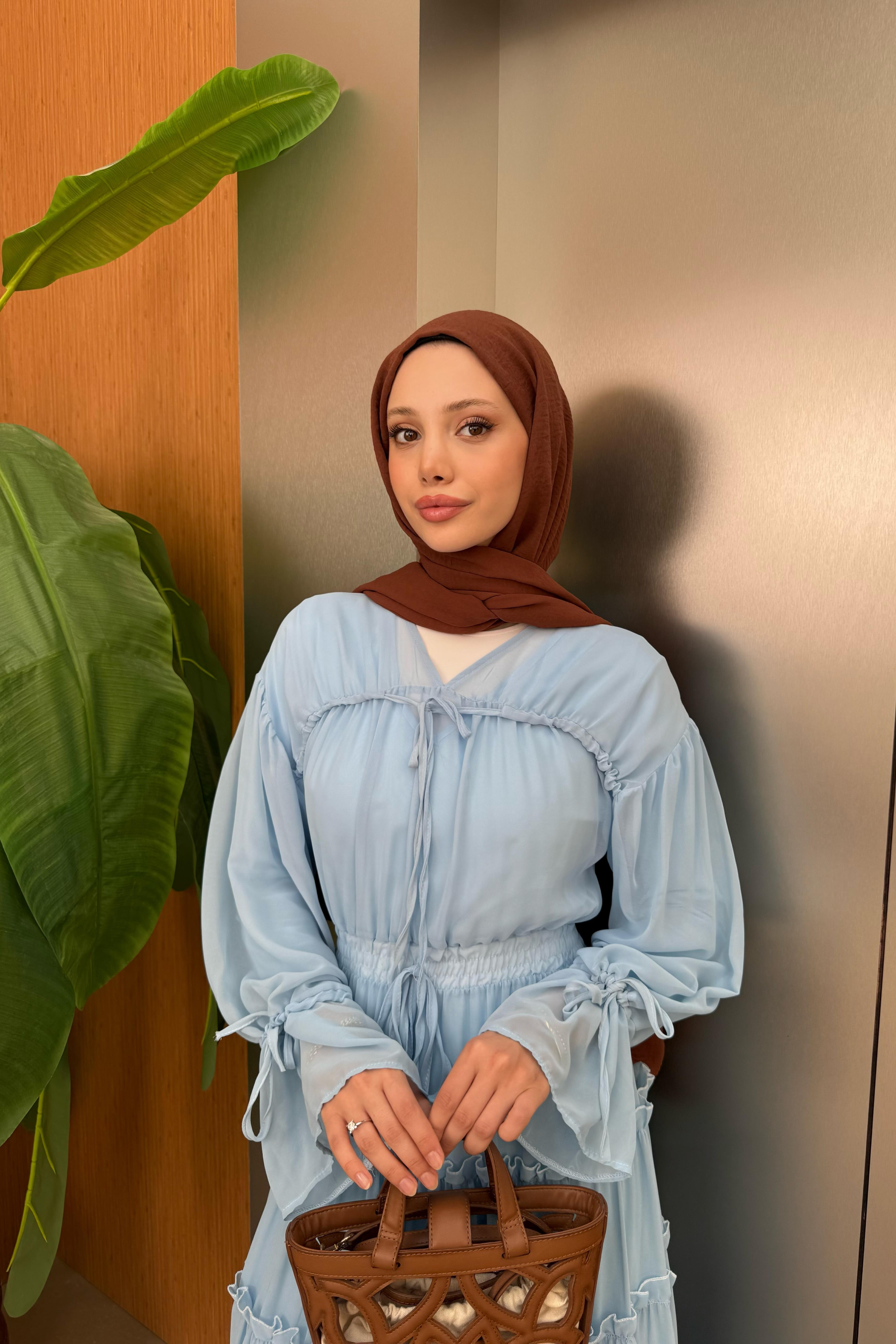 V Yaka Güpürlü Şİfon Elbise - Mavi