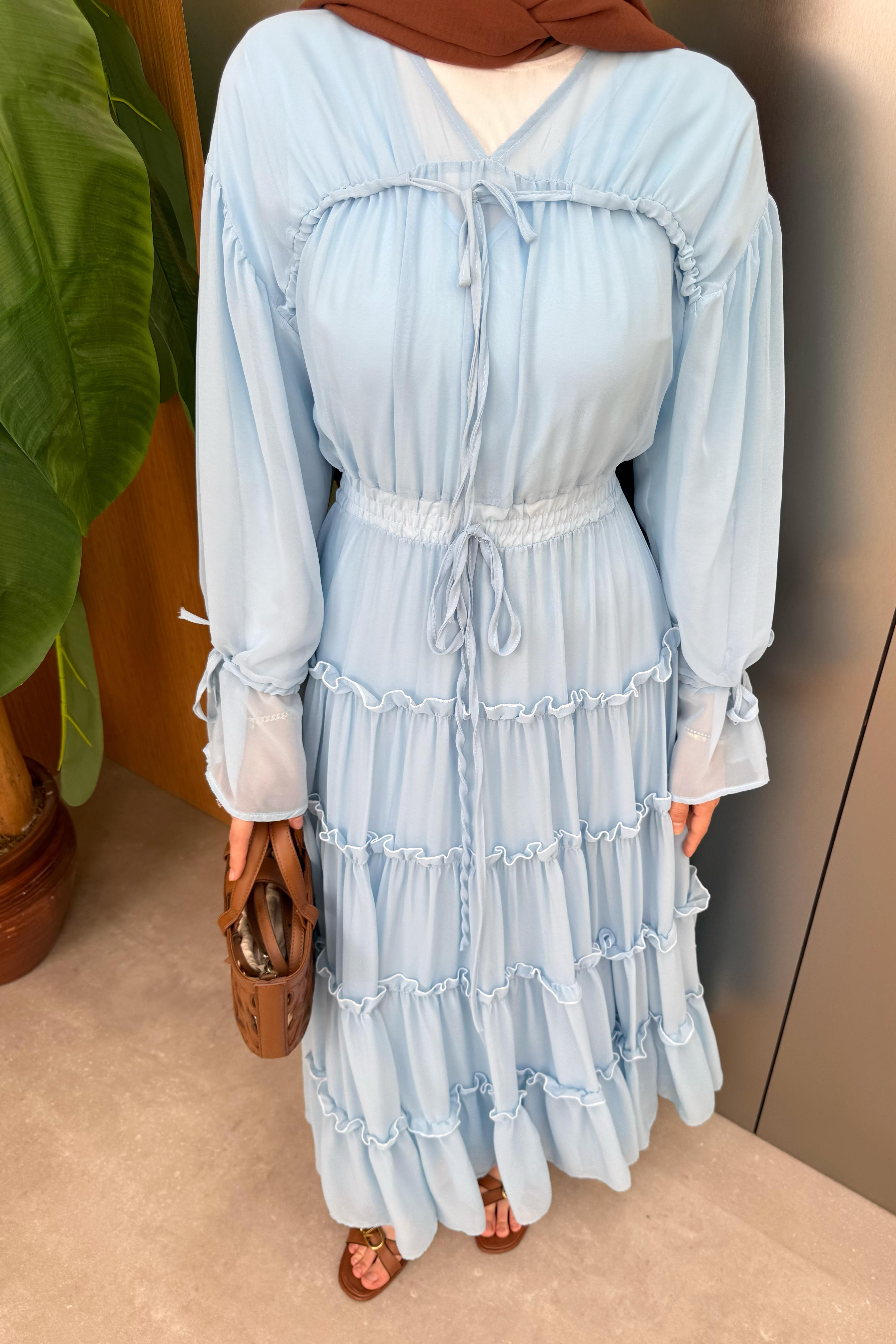 V Yaka Güpürlü Şİfon Elbise - Mavi