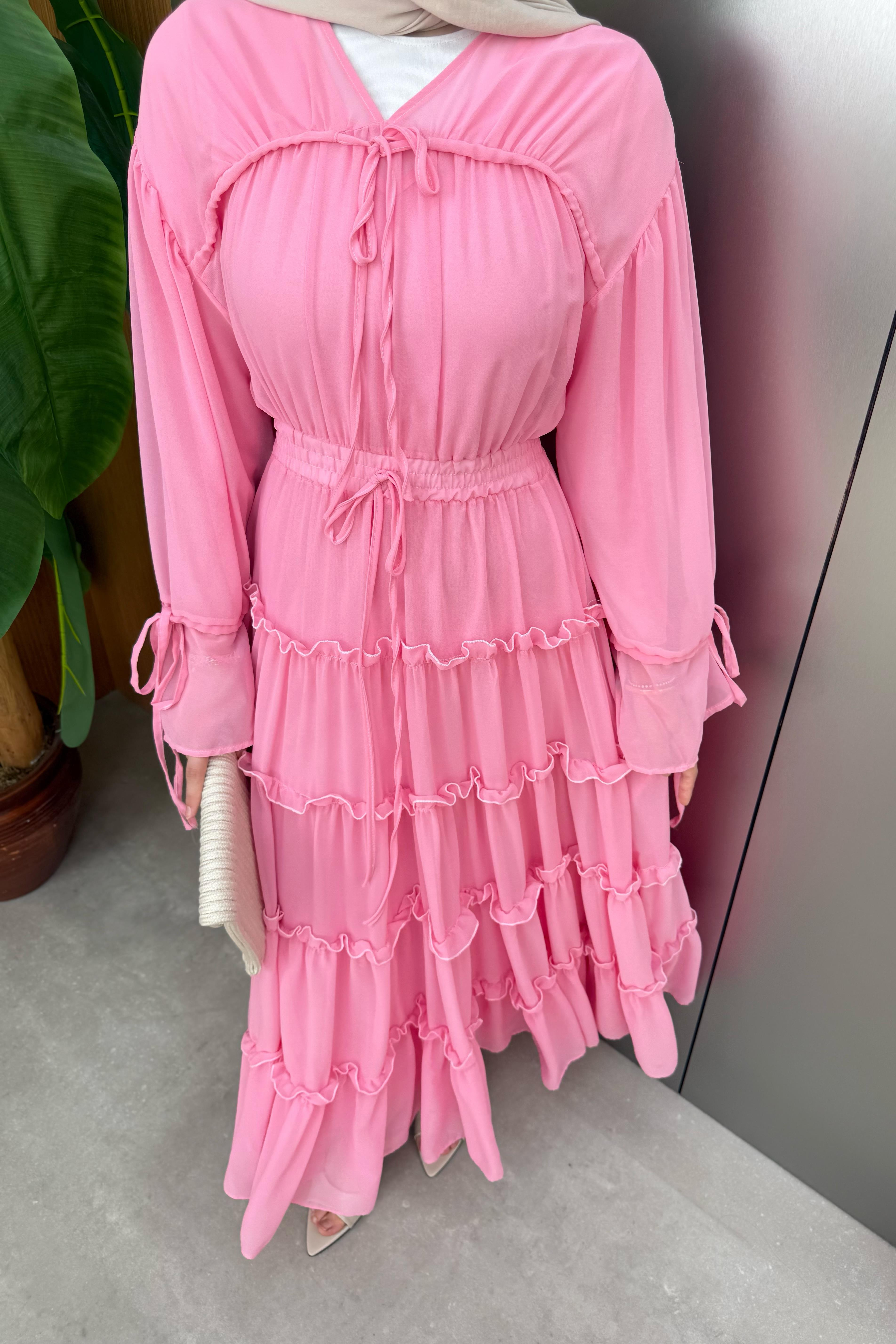 V Yaka Güpürlü Şİfon Elbise - Pembe