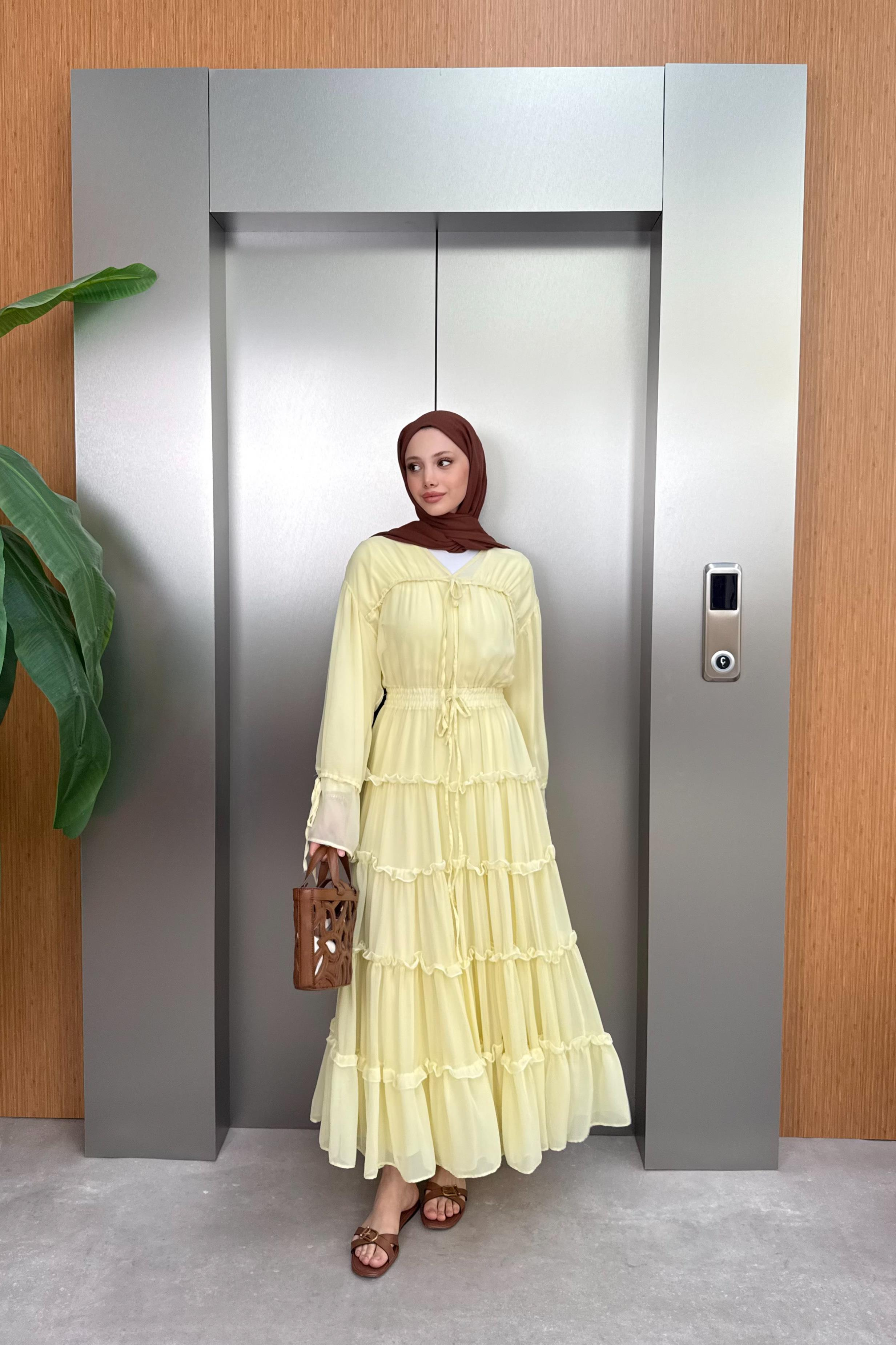 V Yaka Güpürlü Şİfon Elbise - Sarı