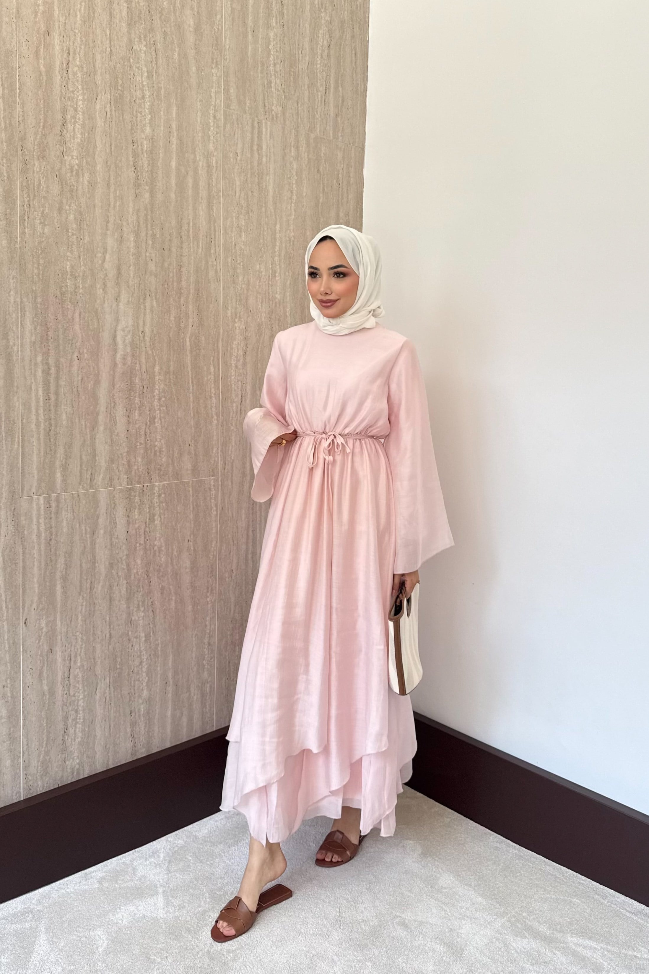 Volan Kol Asimetrik Elbise - Pembe