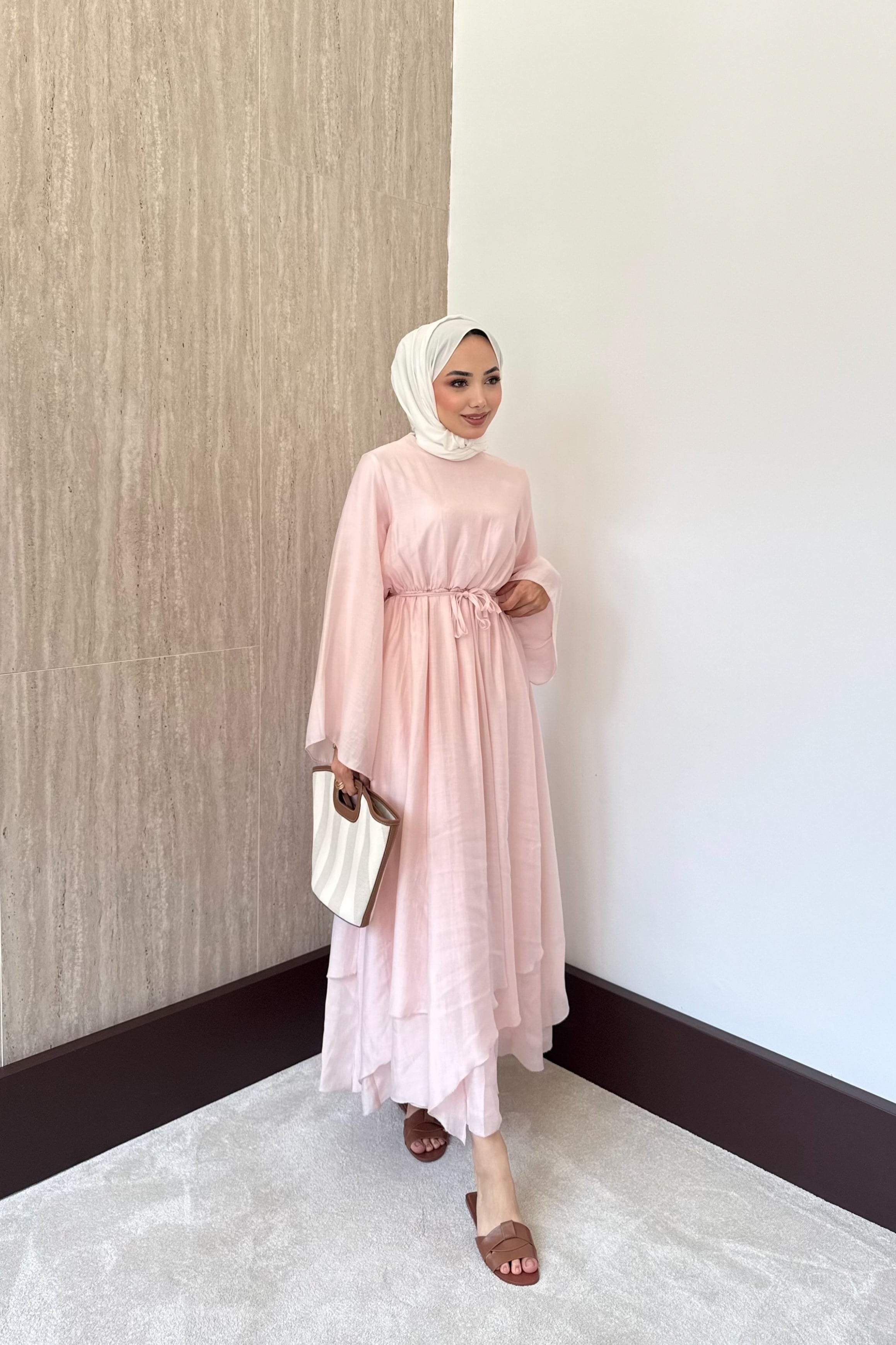Volan Kol Asimetrik Elbise - Pembe