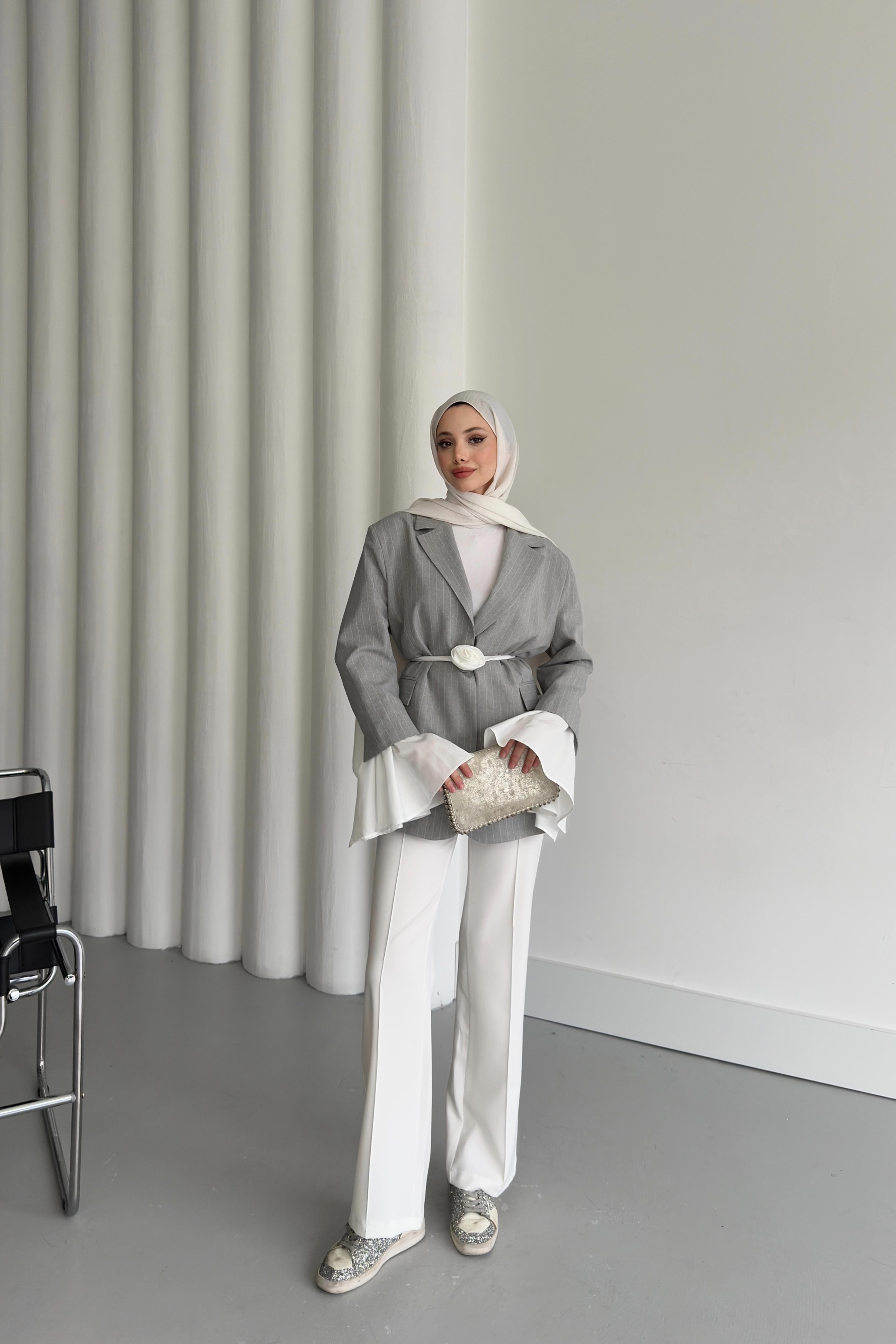 Volan Kol Çizgili Blazer Ceket - Gri