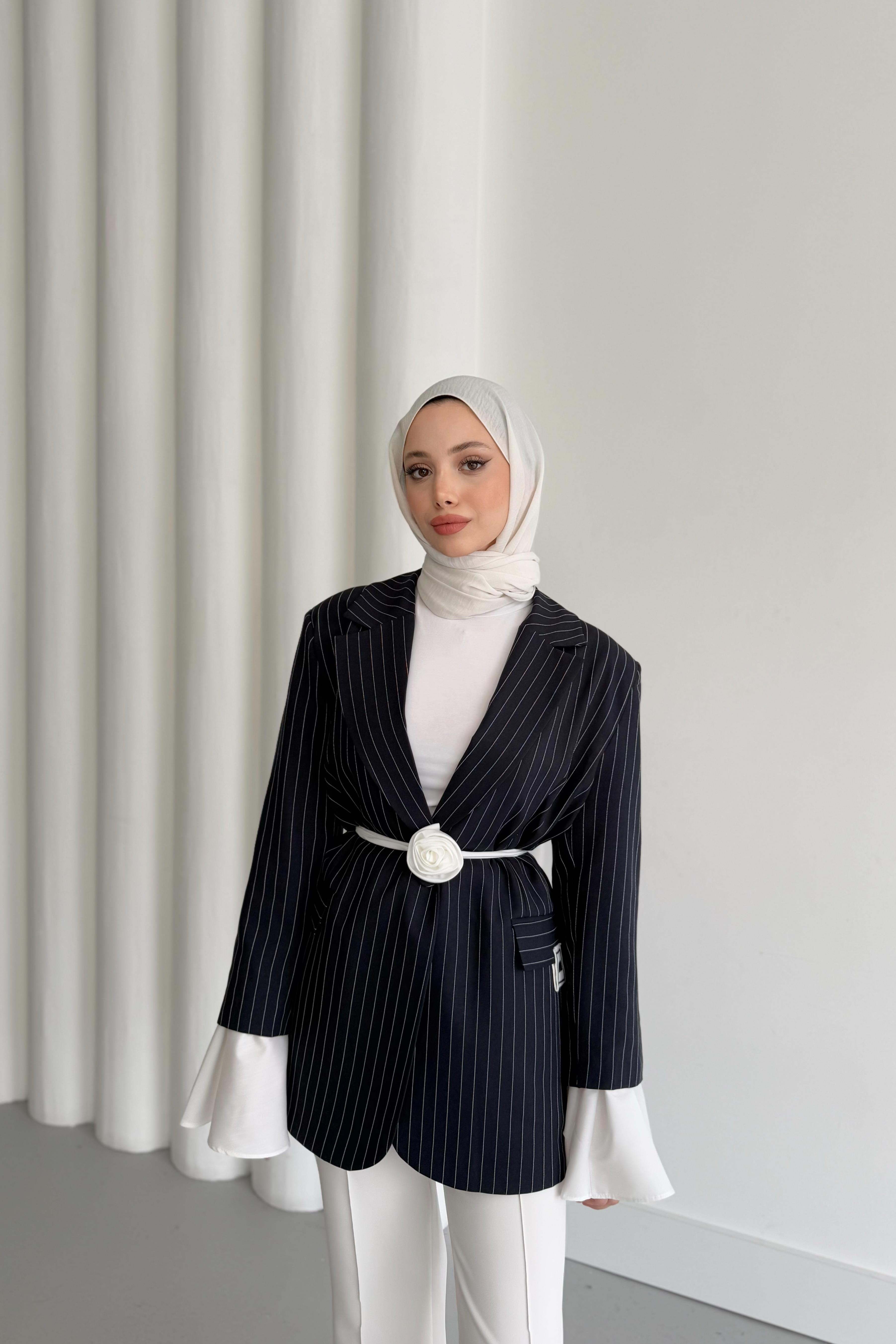 Volan Kol Çizgili Blazer Ceket - Lacivert