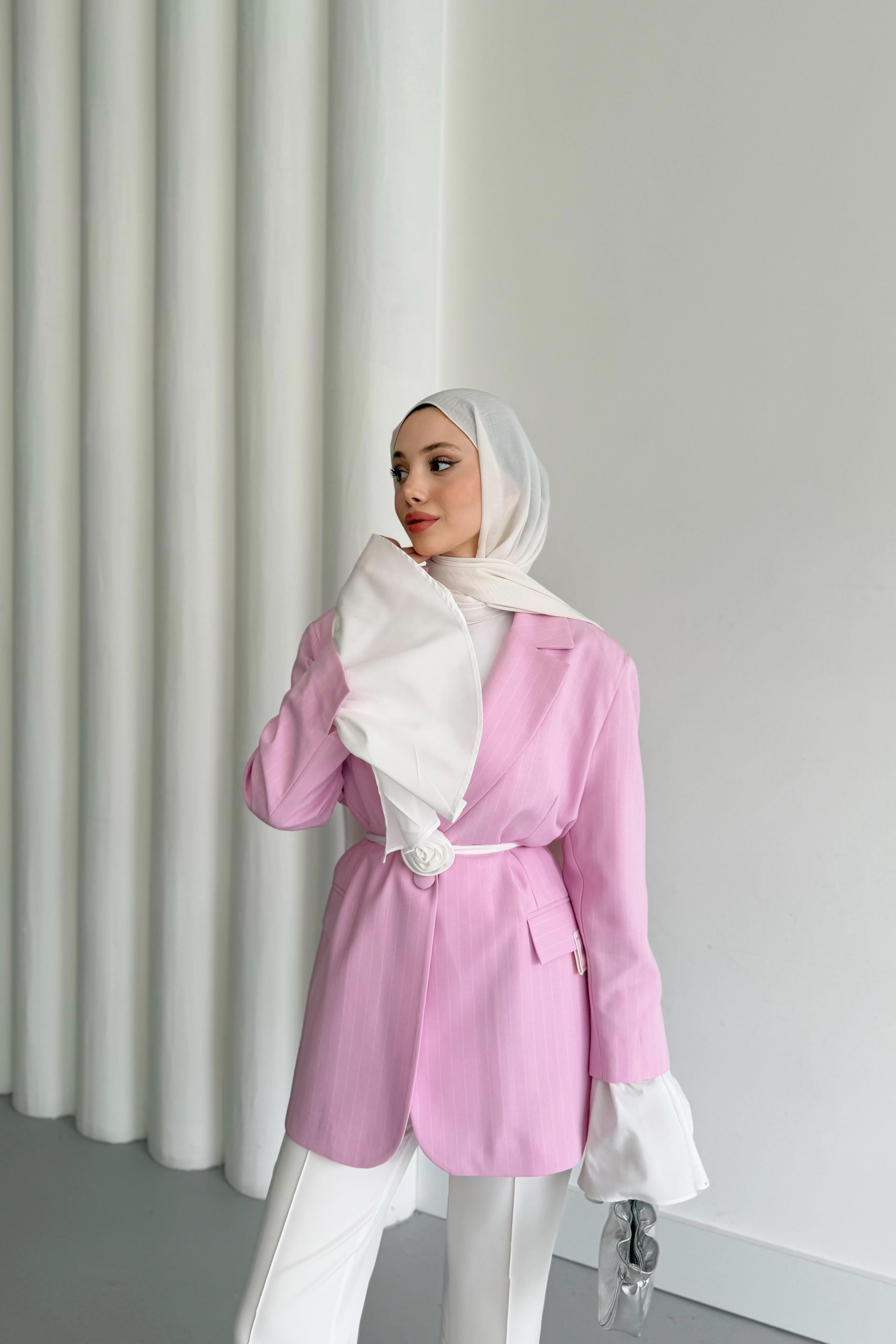 Volan Kol Çizgili Blazer Ceket - Pembe