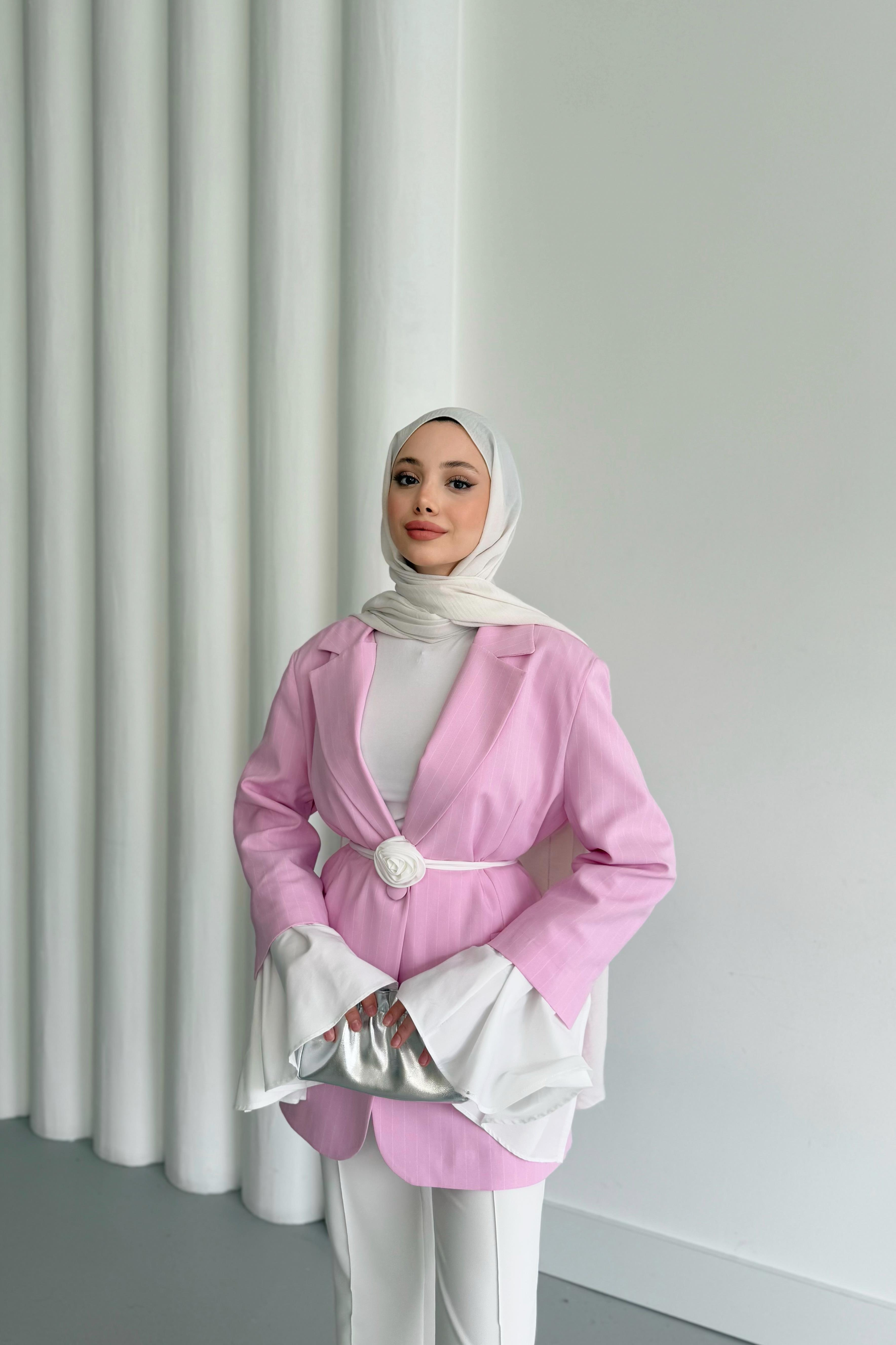 Volan Kol Çizgili Blazer Ceket - Pembe