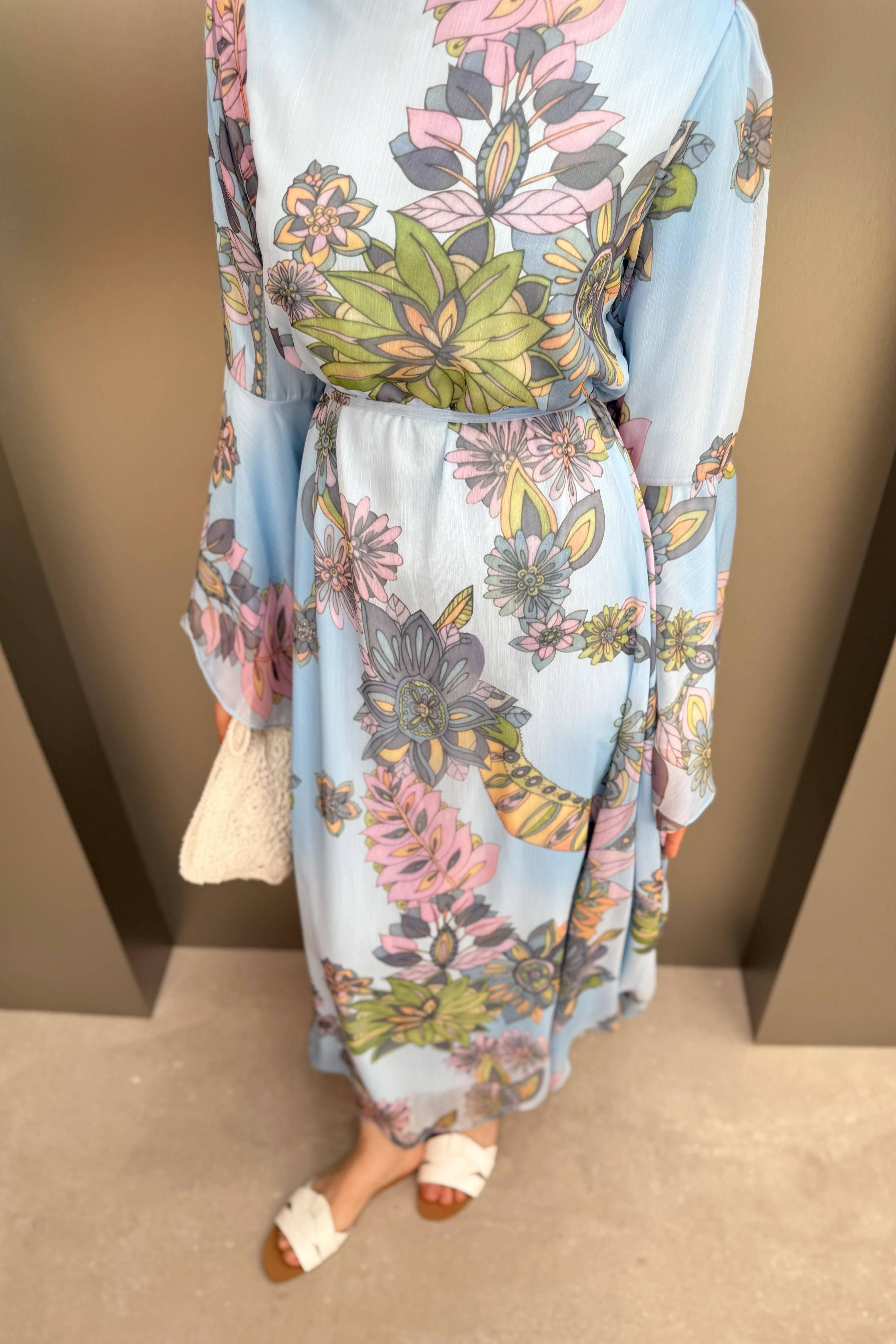 Volan Kol Desenli Şifon Elbise - Mavi