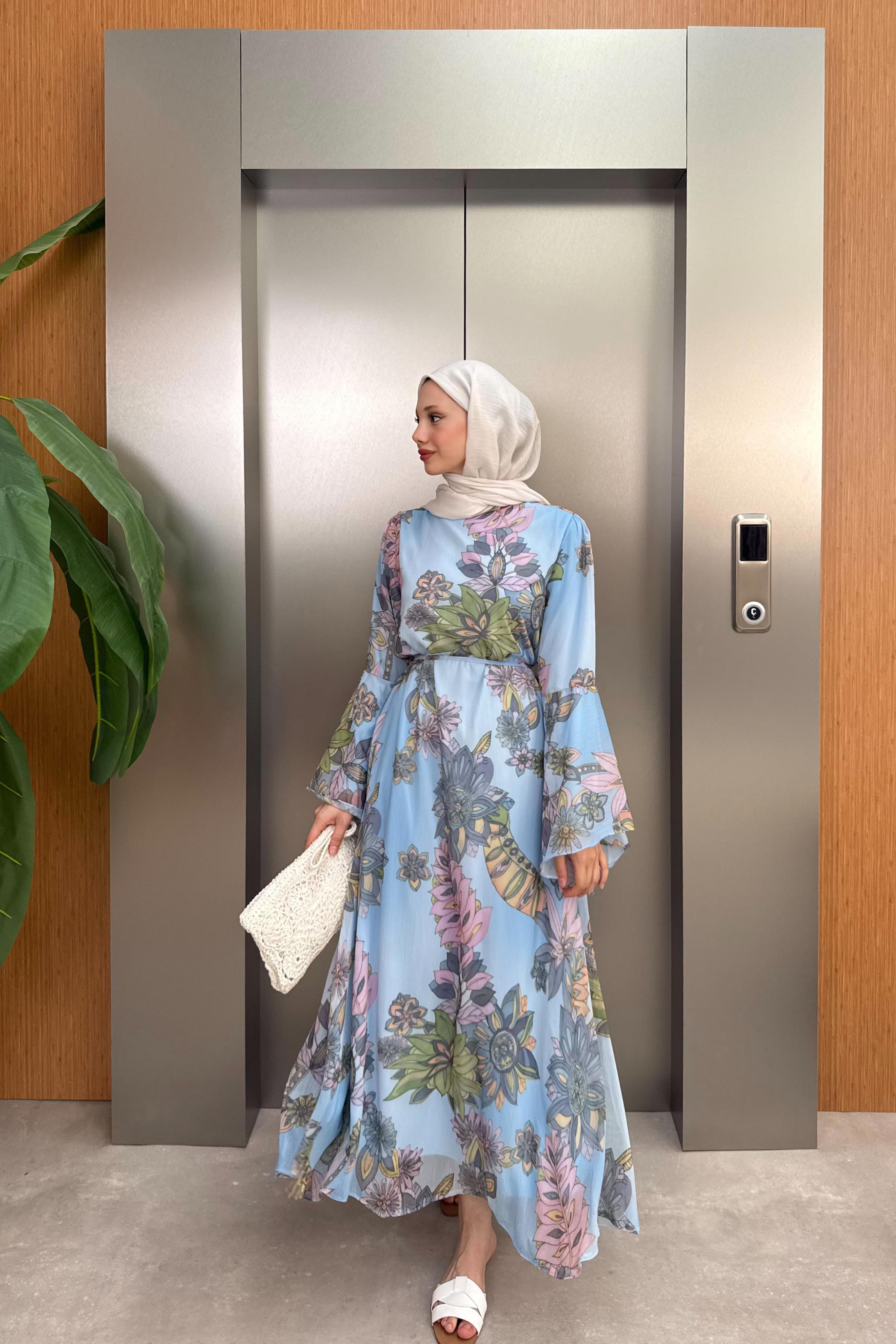 Volan Kol Desenli Şifon Elbise - Mavi