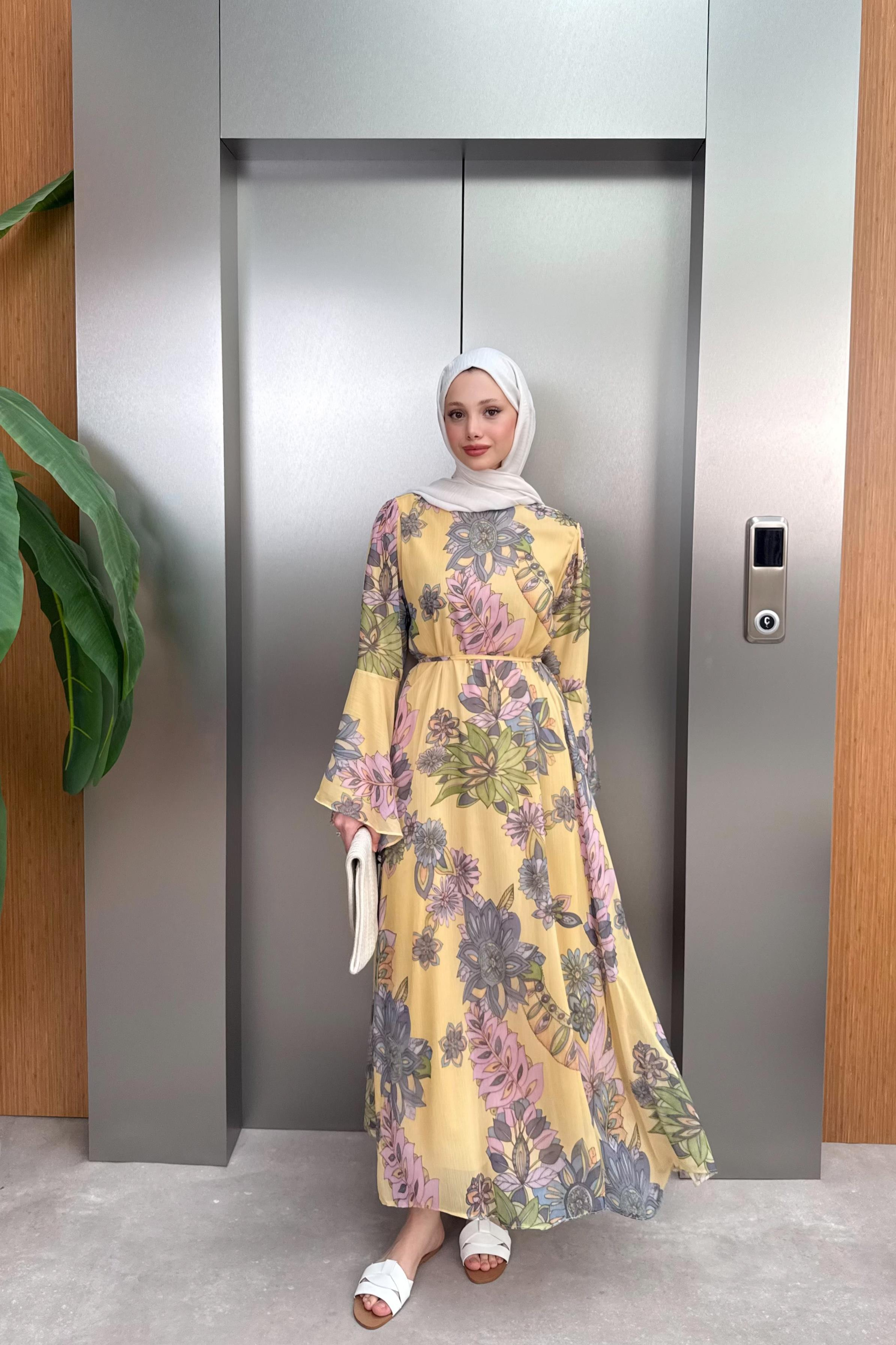 Volan Kol Desenli Şifon Elbise - Sarı