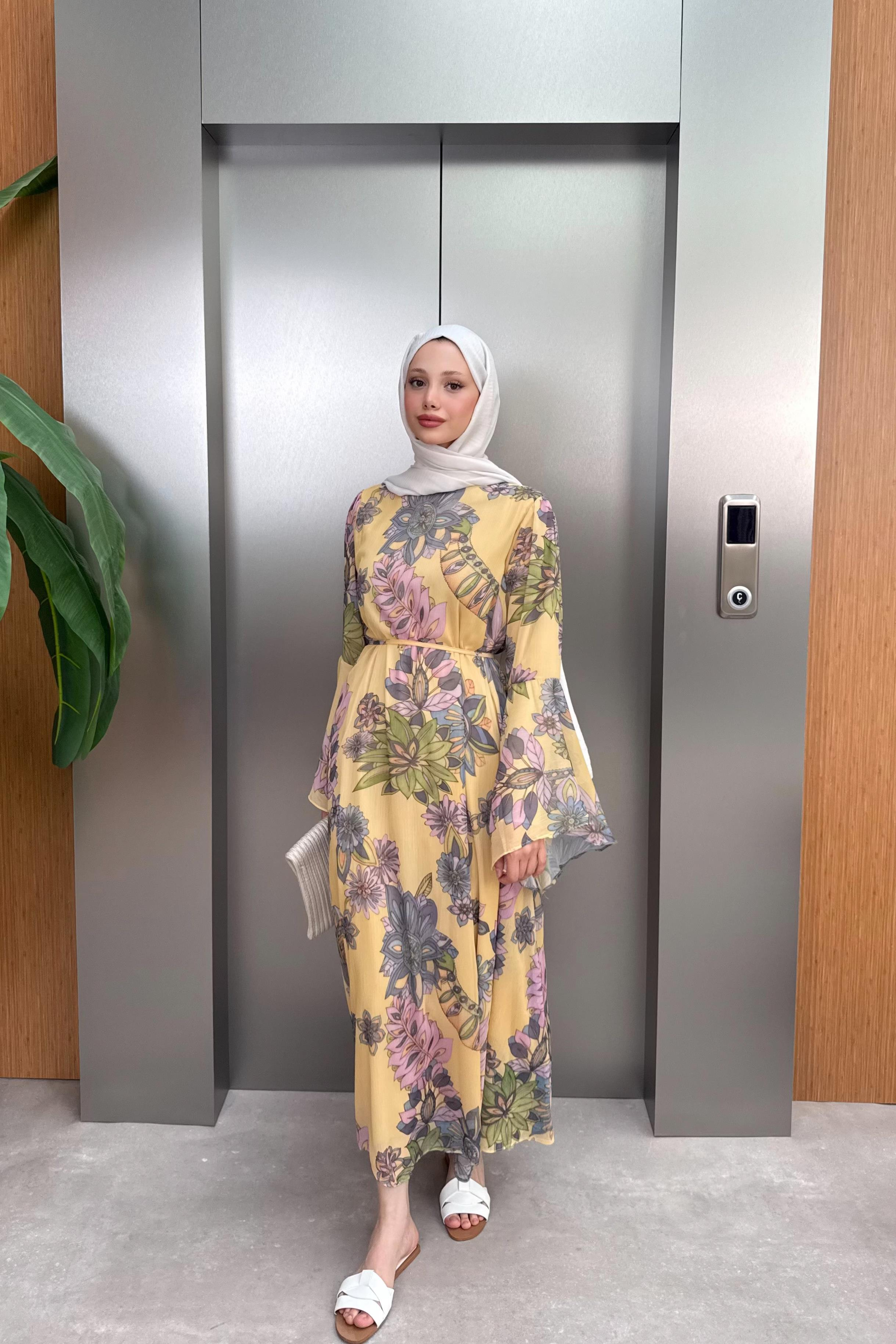 Volan Kol Desenli Şifon Elbise - Sarı