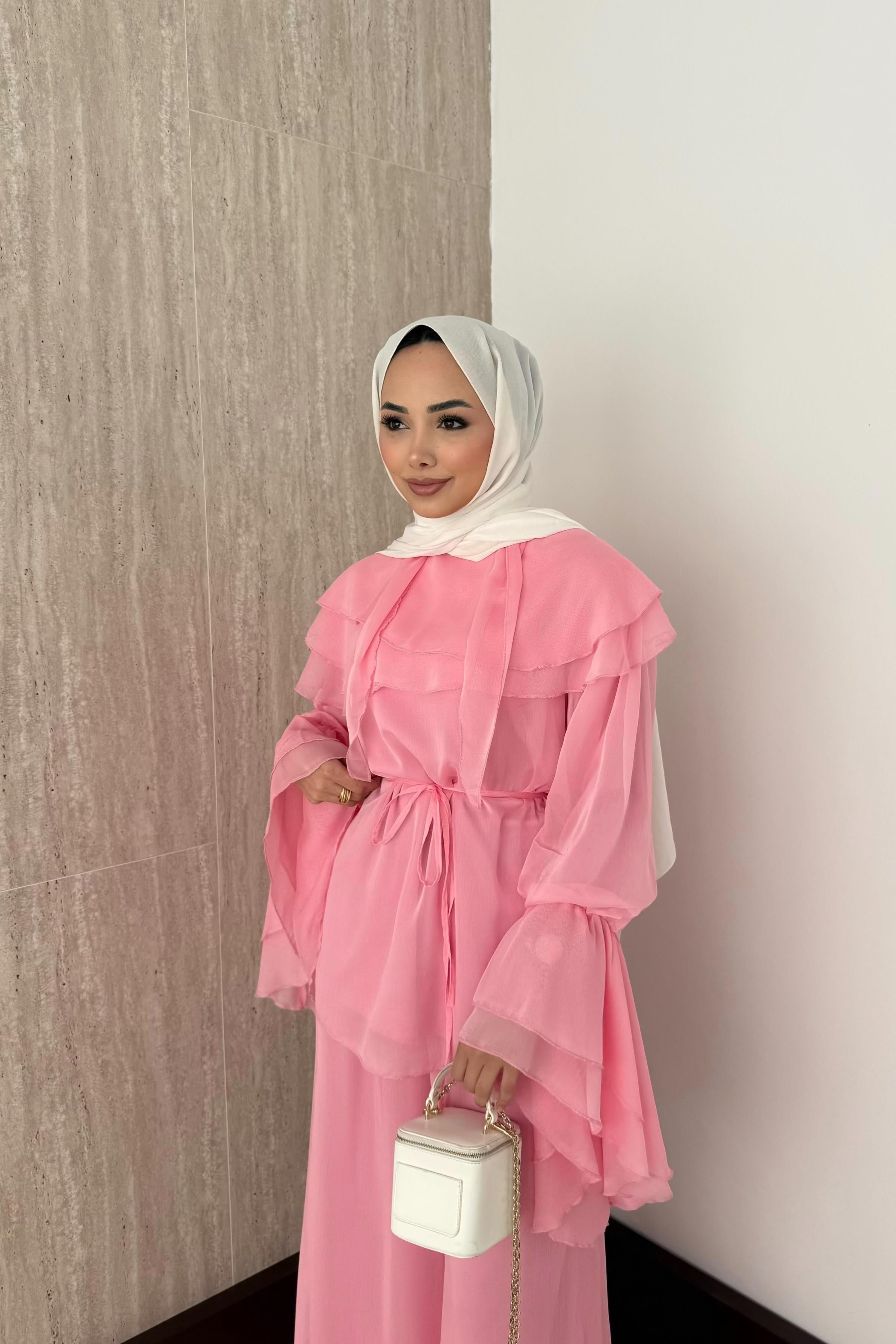 Volan Kol Şifon Pantolonlu Takım - Pembe