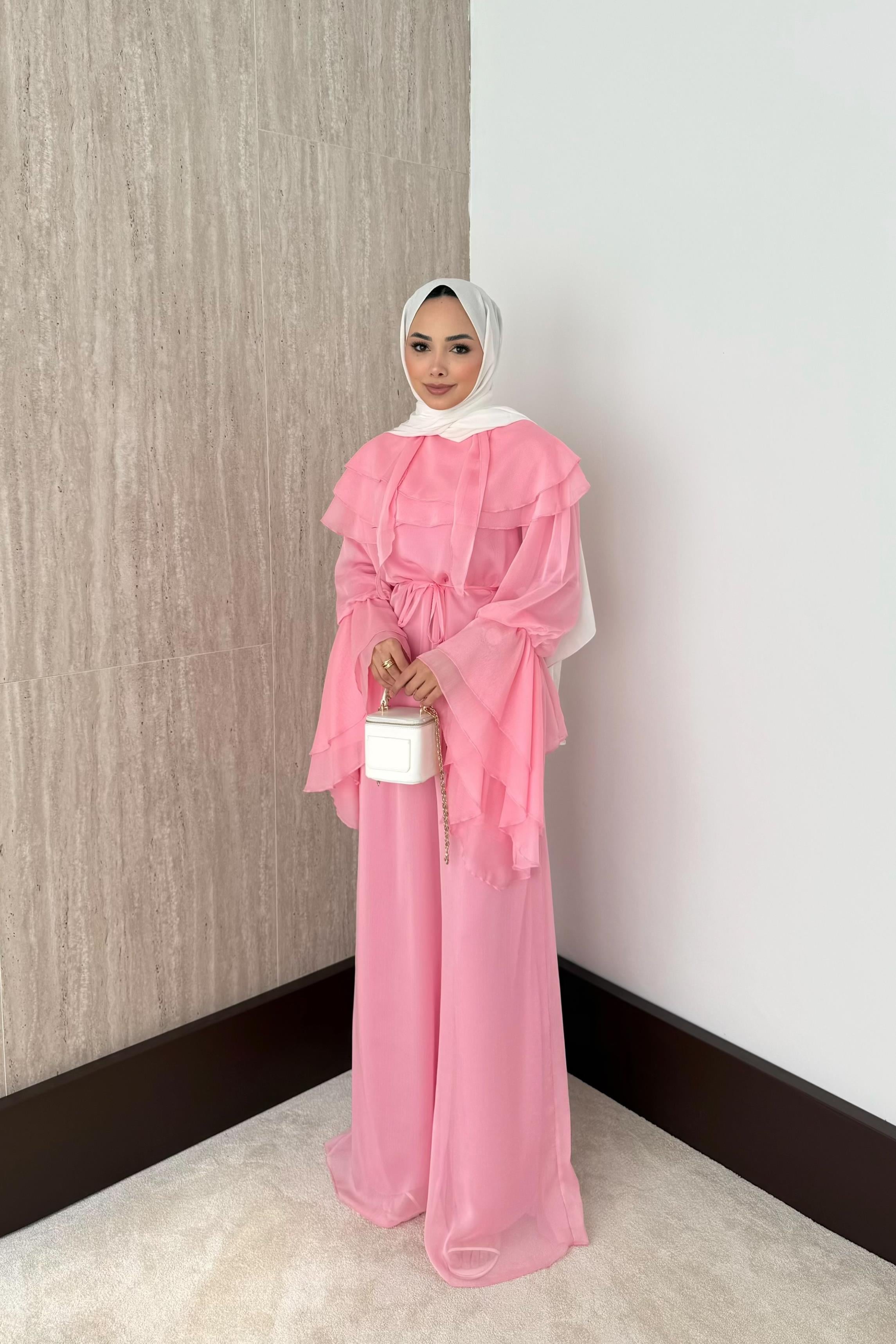 Volan Kol Şifon Pantolonlu Takım - Pembe
