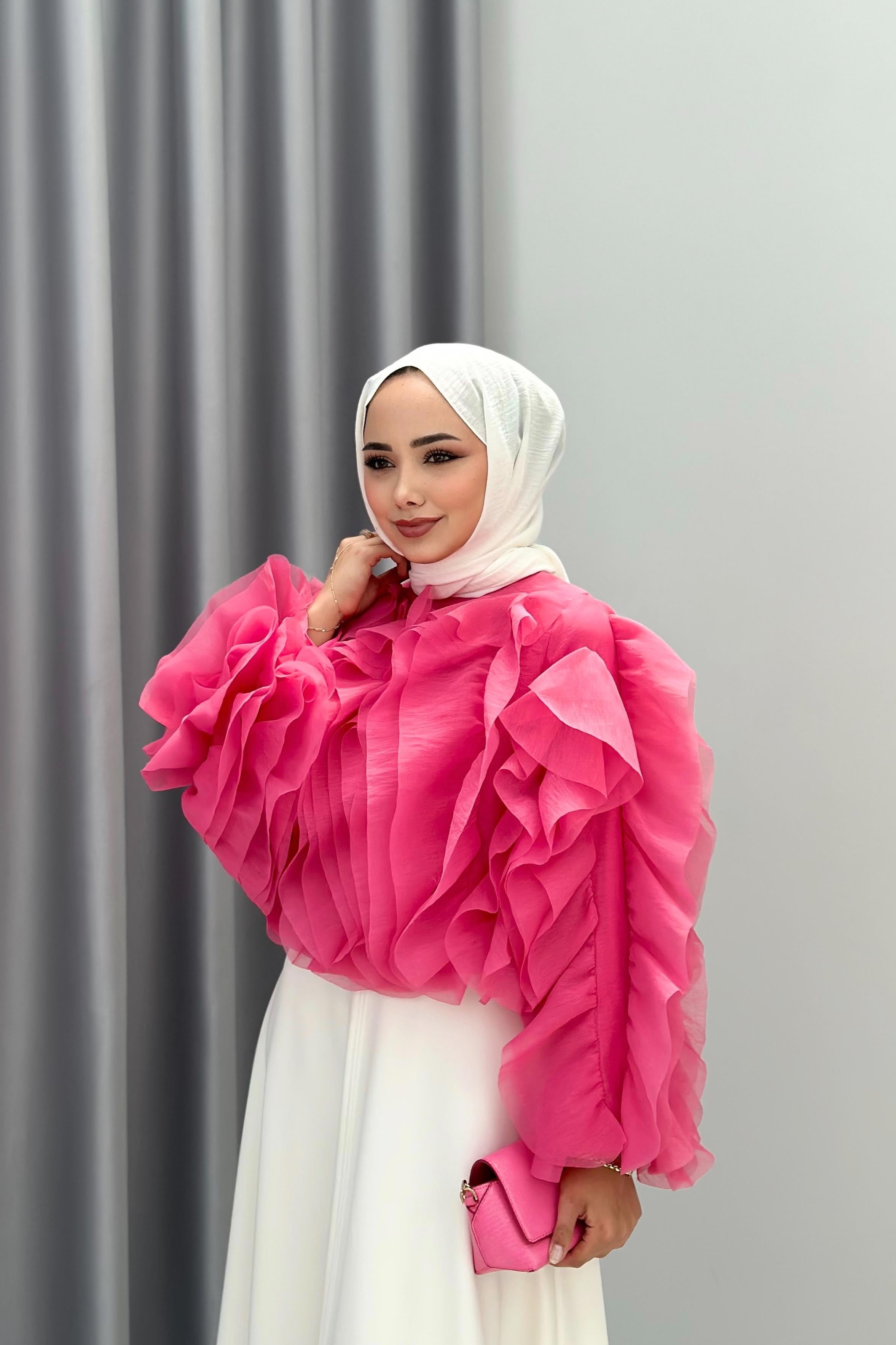 VOLANLI KISA BLUZ - PEMBE 