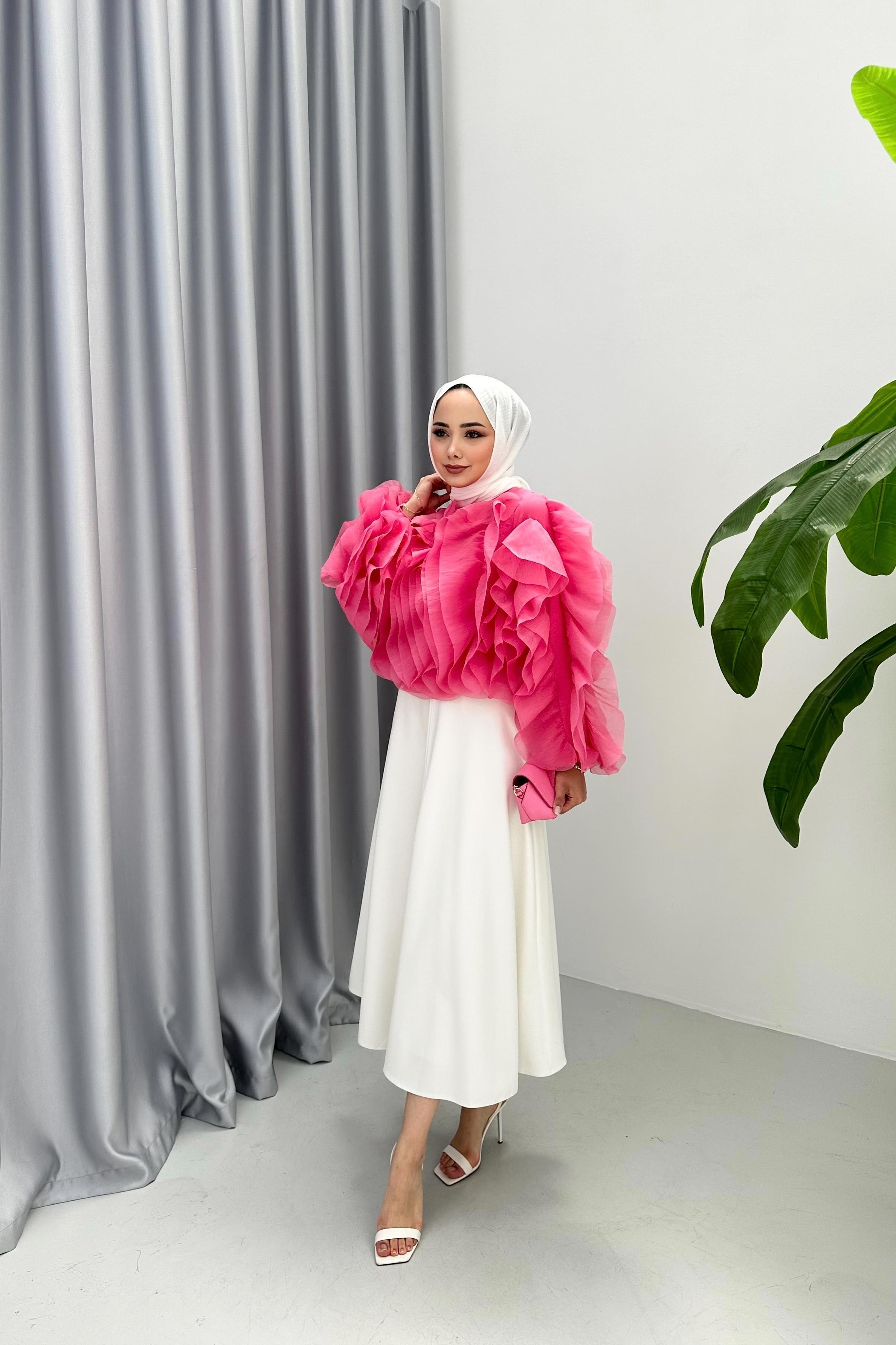 VOLANLI KISA BLUZ - PEMBE 