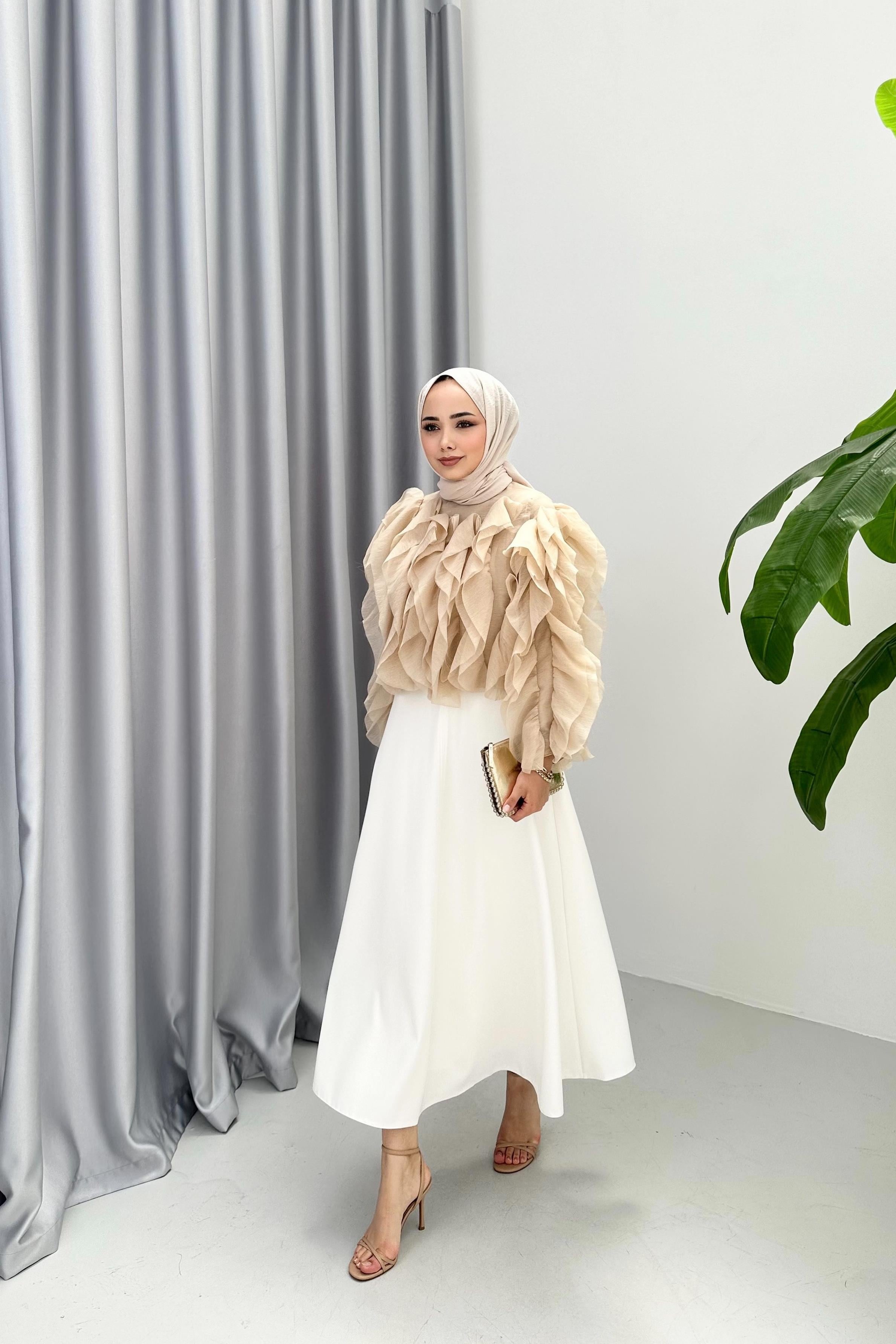 VOLANLI KISA BLUZ - VİZON