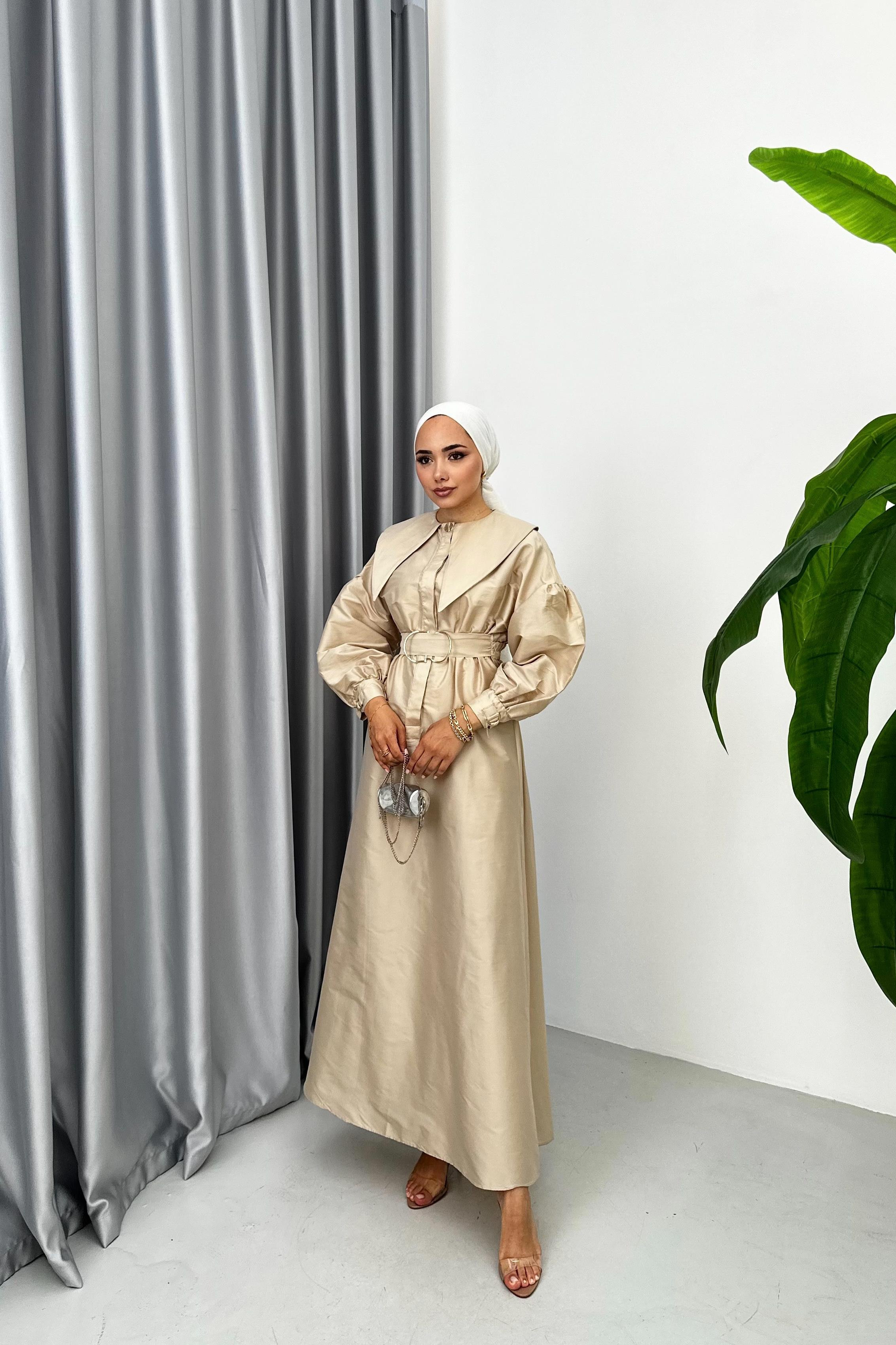 YAKA DETAYLI TAFTA ELBİSE - BEJ