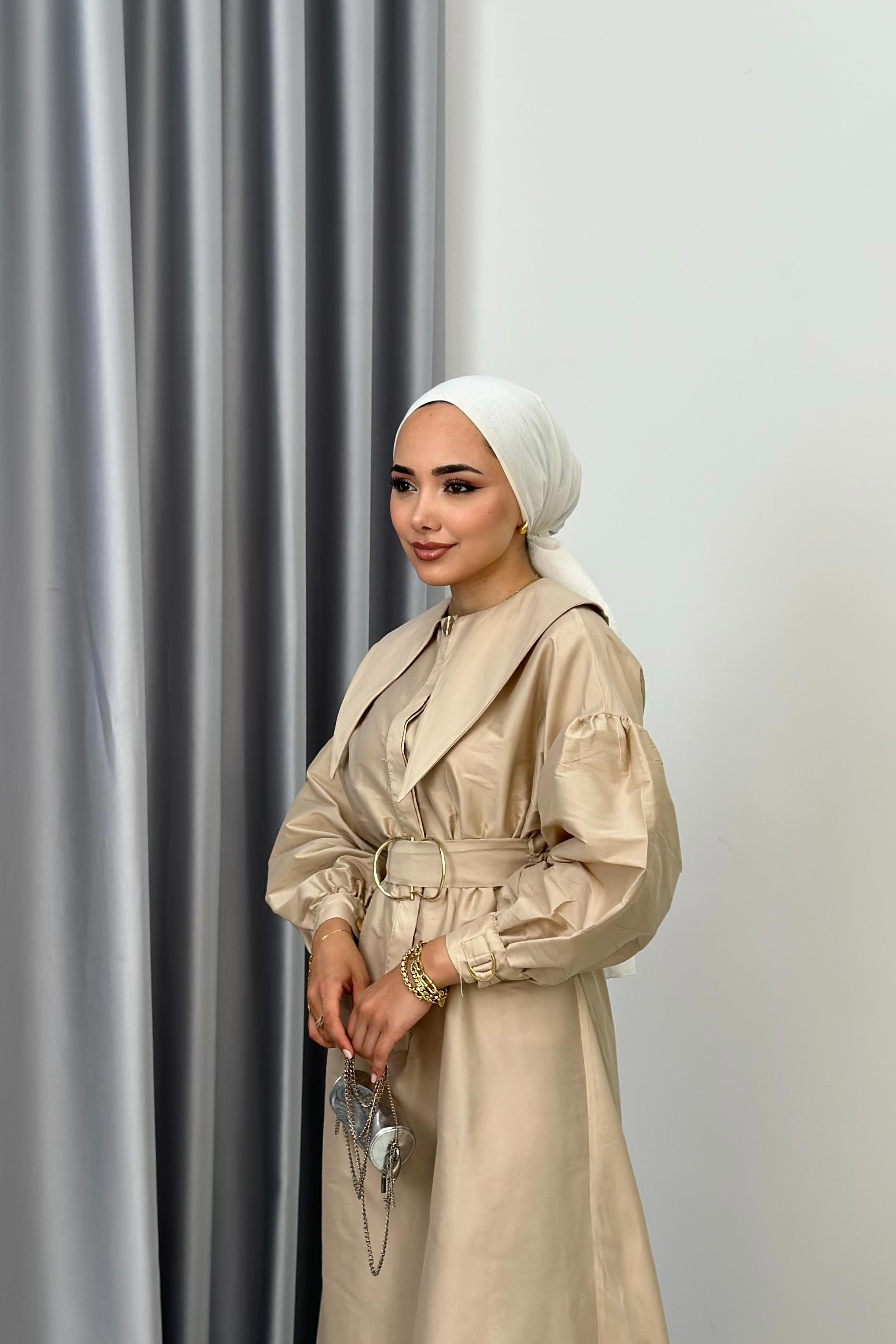 YAKA DETAYLI TAFTA ELBİSE - BEJ