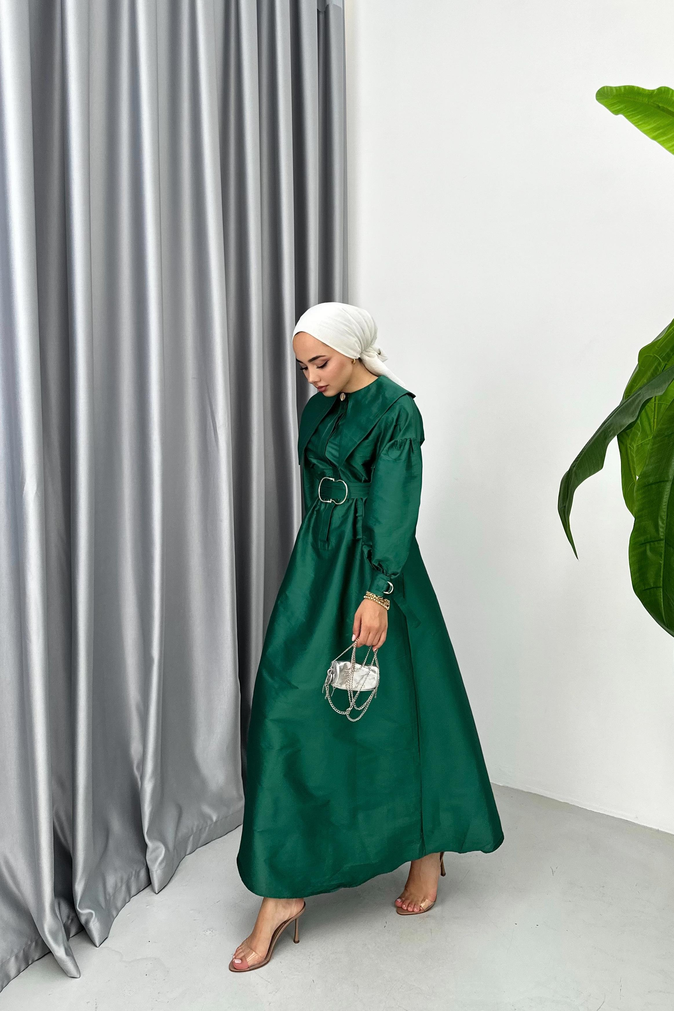 YAKA DETAYLI TAFTA ELBİSE - ZÜMRÜT YEŞİLİ