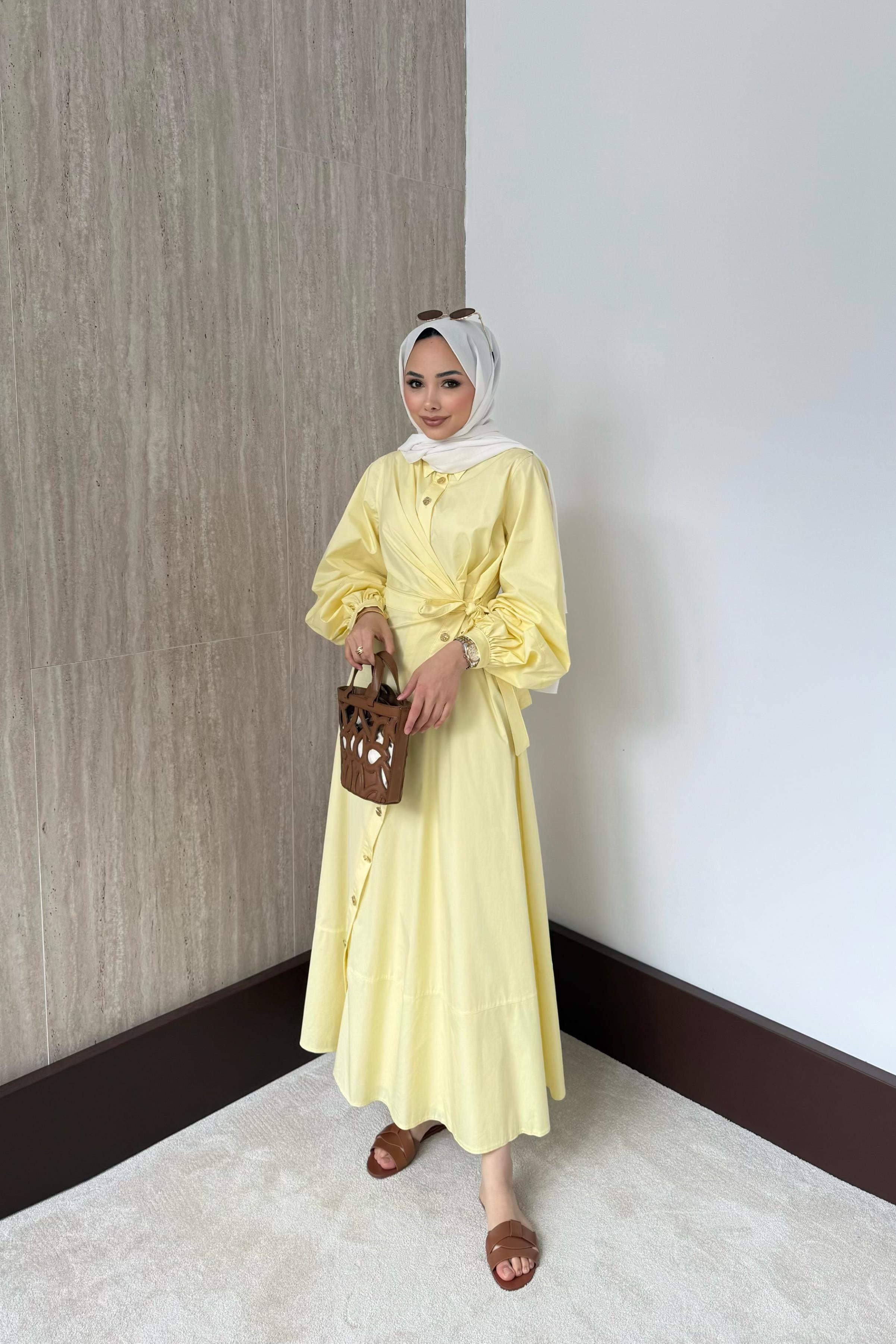 Yandan Bağlamalı Poplin Elbise - Sarı