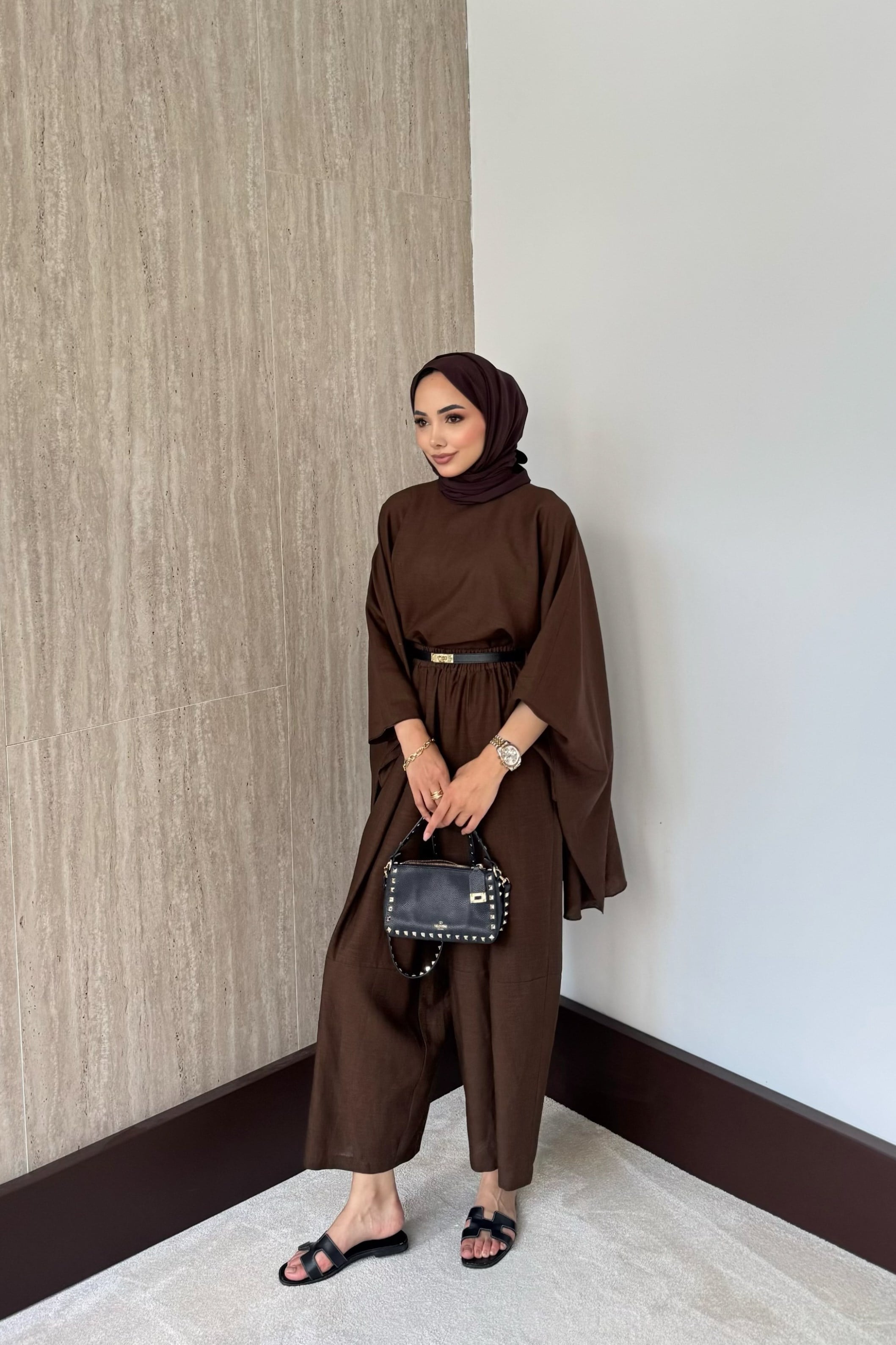 Yarasa Kol Keten Pantolonlu Takım - Kahve
