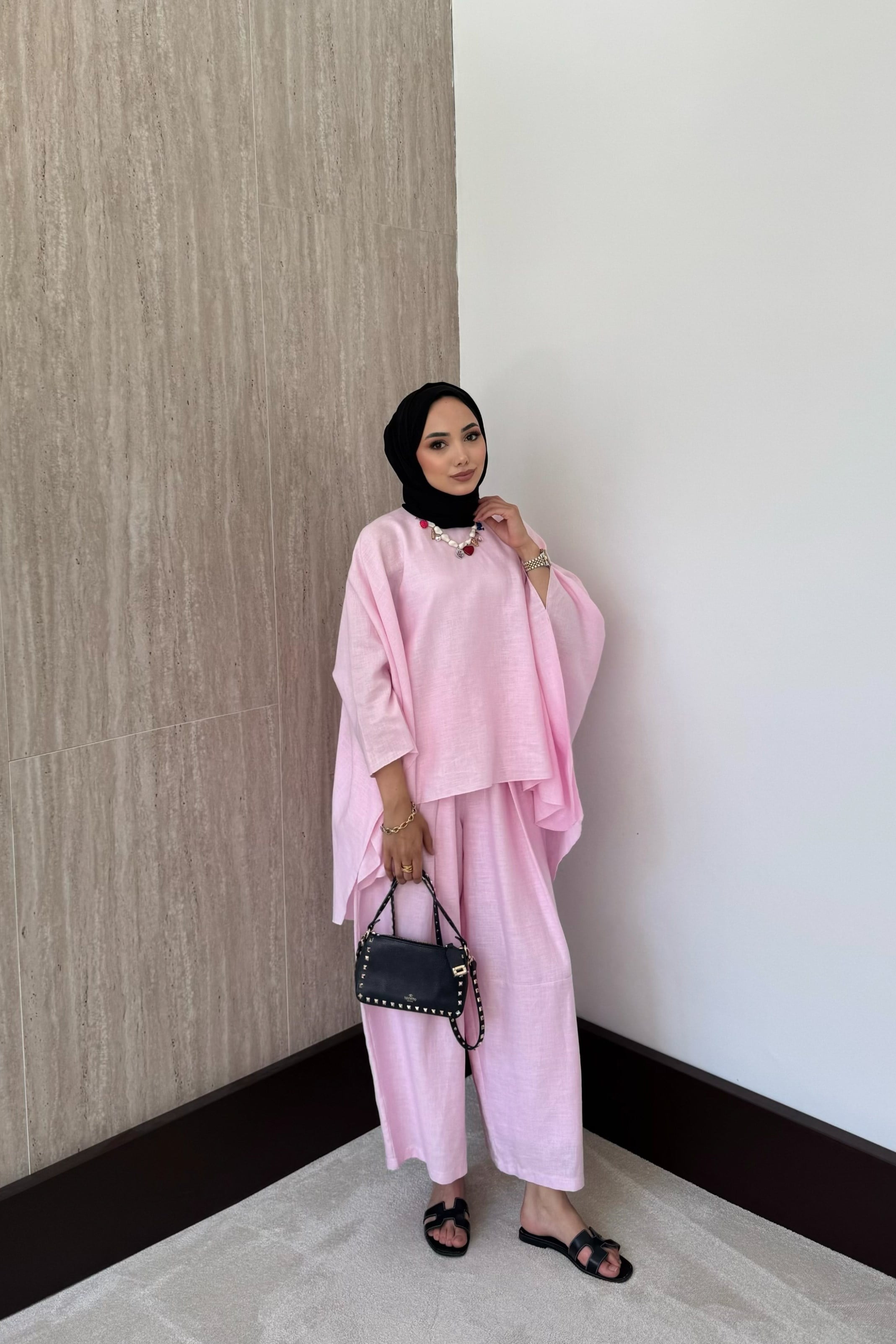 Yarasa Kol Keten Pantolonlu Takım - Pembe