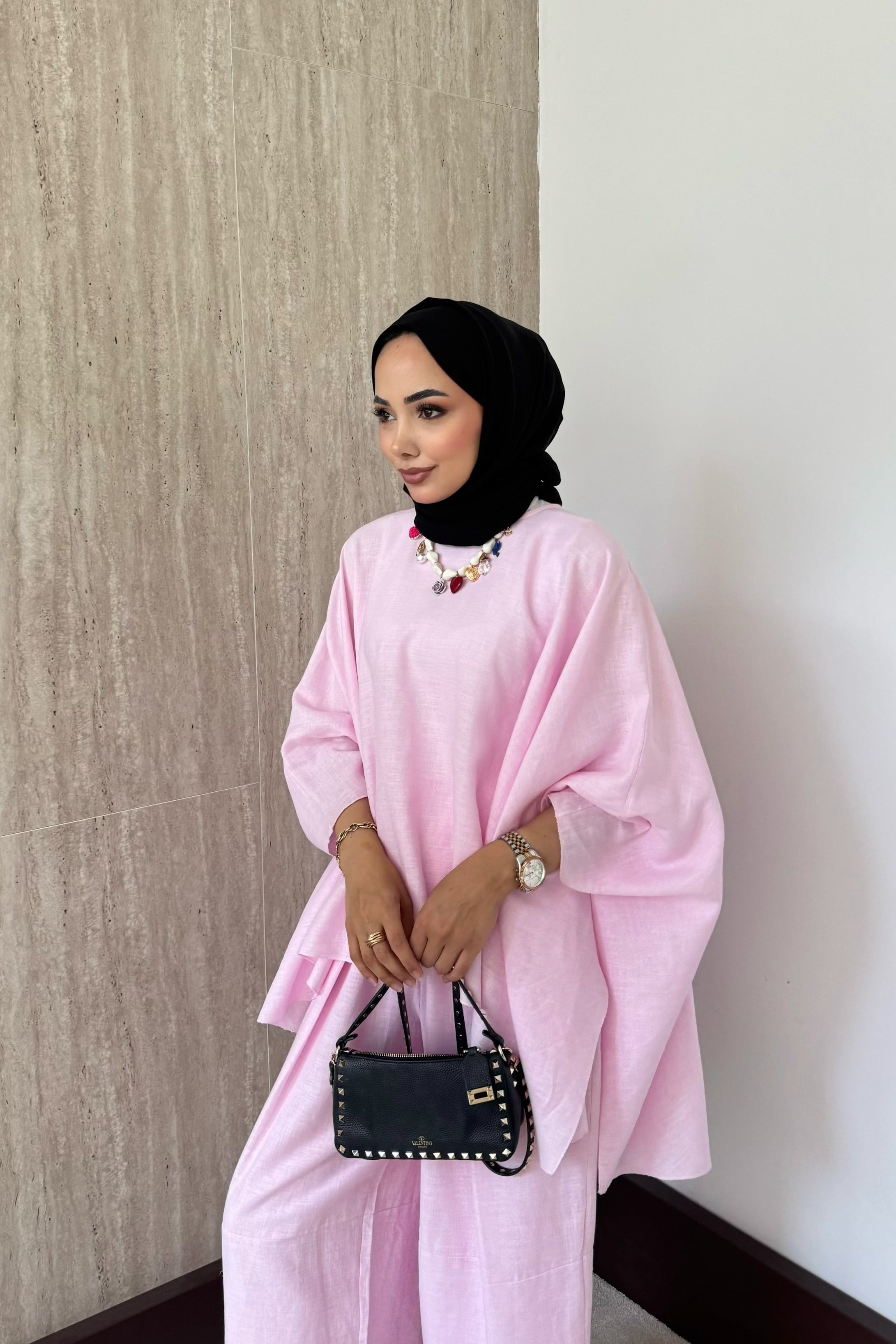 Yarasa Kol Keten Pantolonlu Takım - Pembe