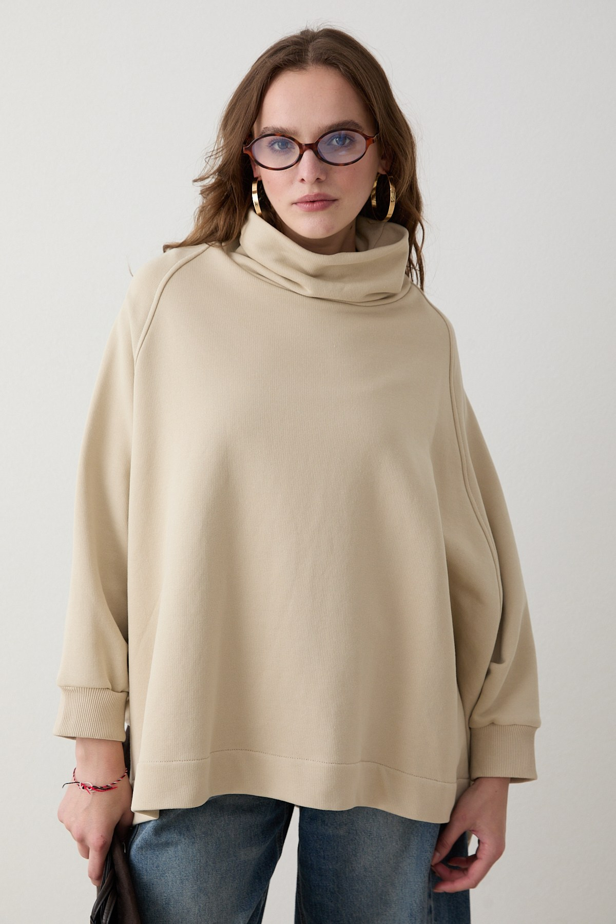 Yarasa Kol Sweatshirt - Taş