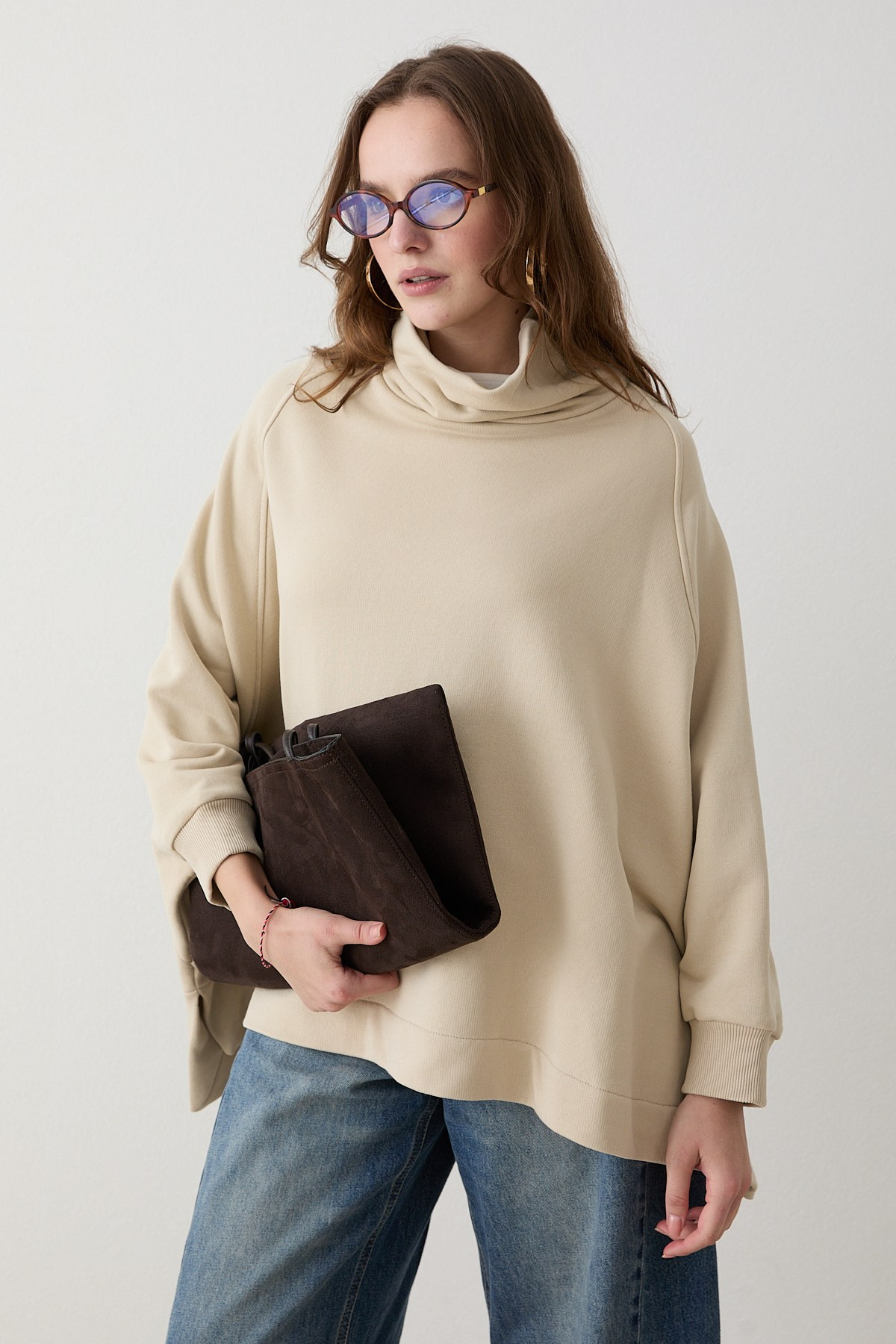 Yarasa Kol Sweatshirt - Taş