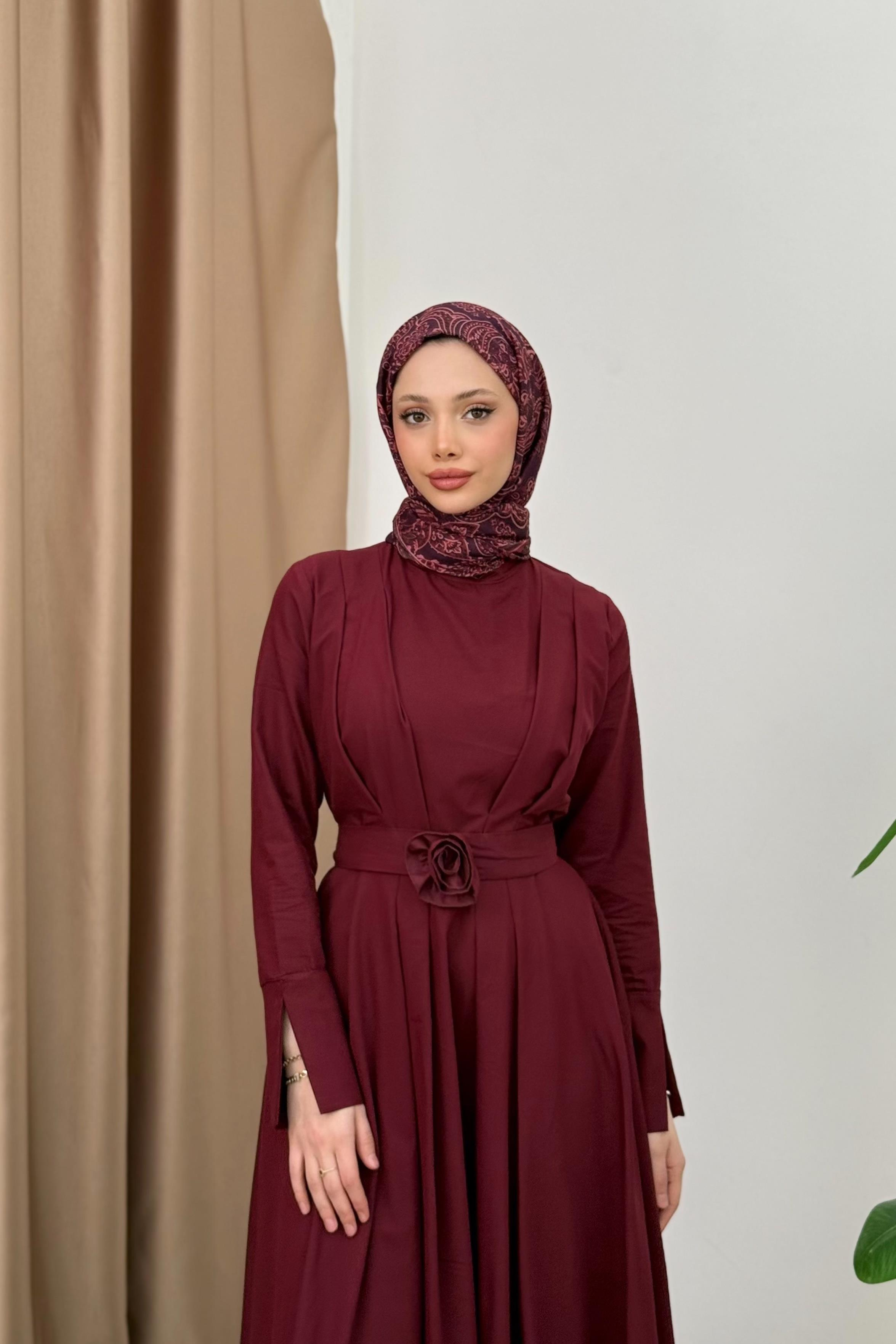 Yırtmaç Kol Poplin Elbise - Bordo