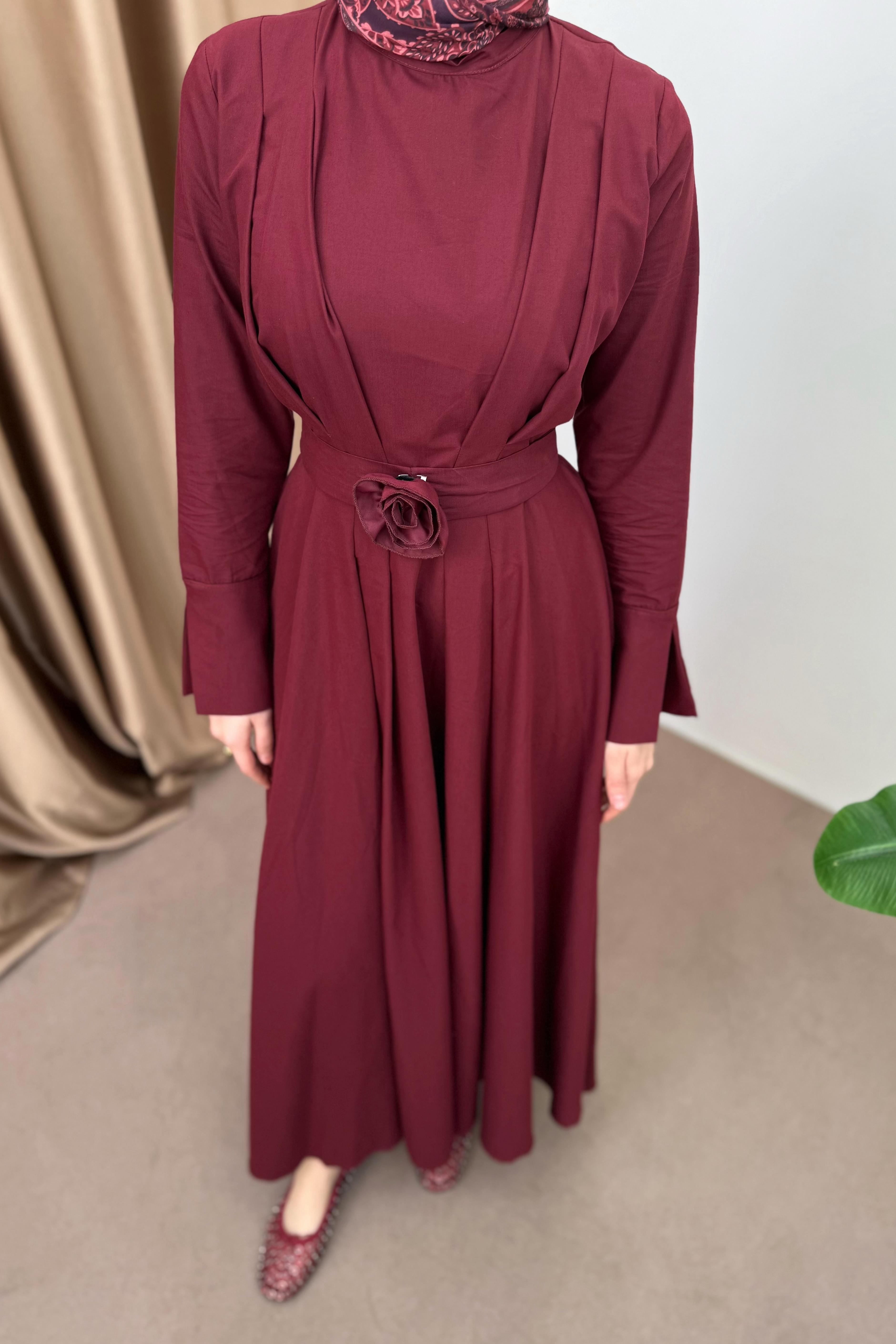 Yırtmaç Kol Poplin Elbise - Bordo