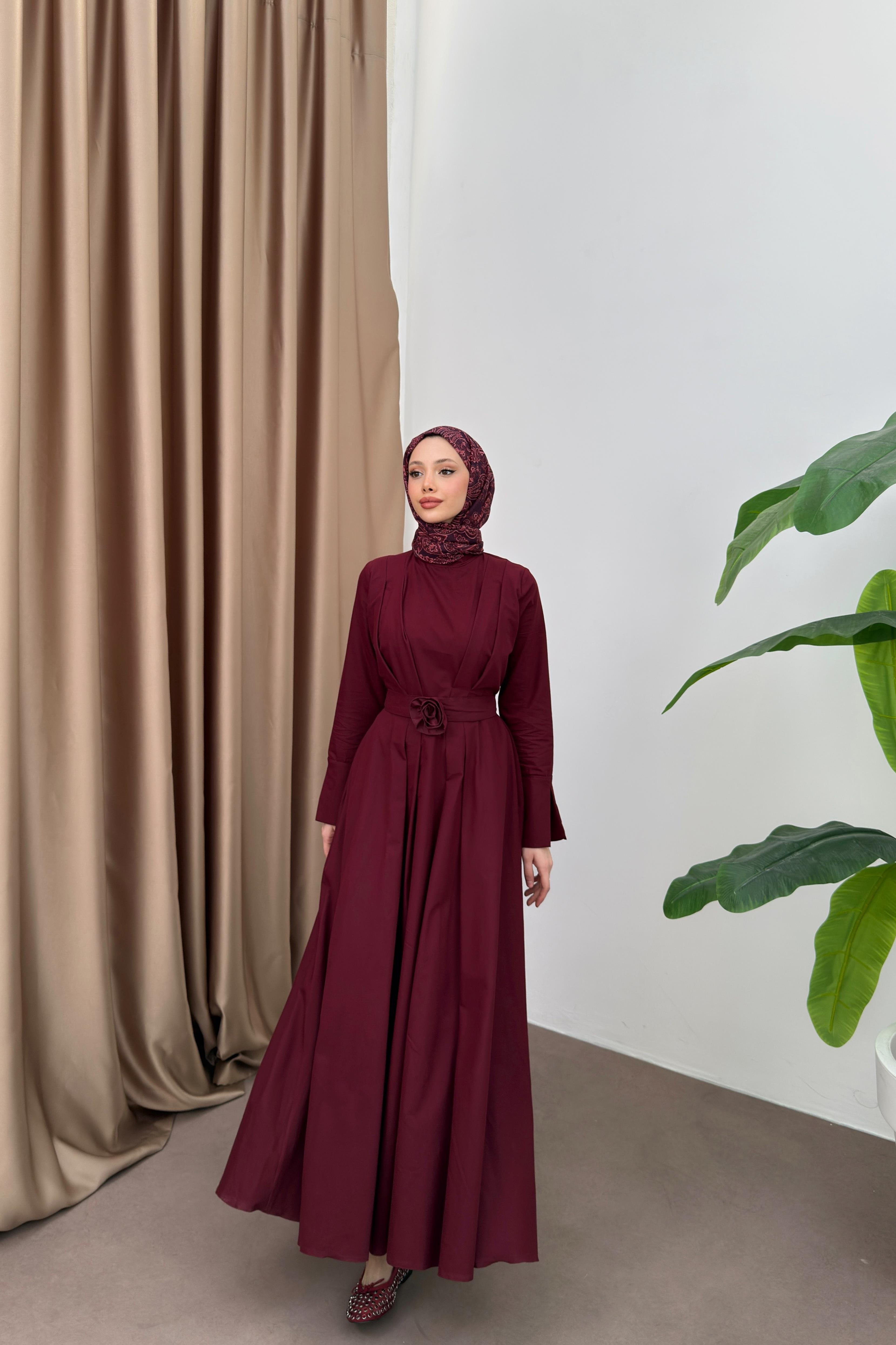 Yırtmaç Kol Poplin Elbise - Bordo