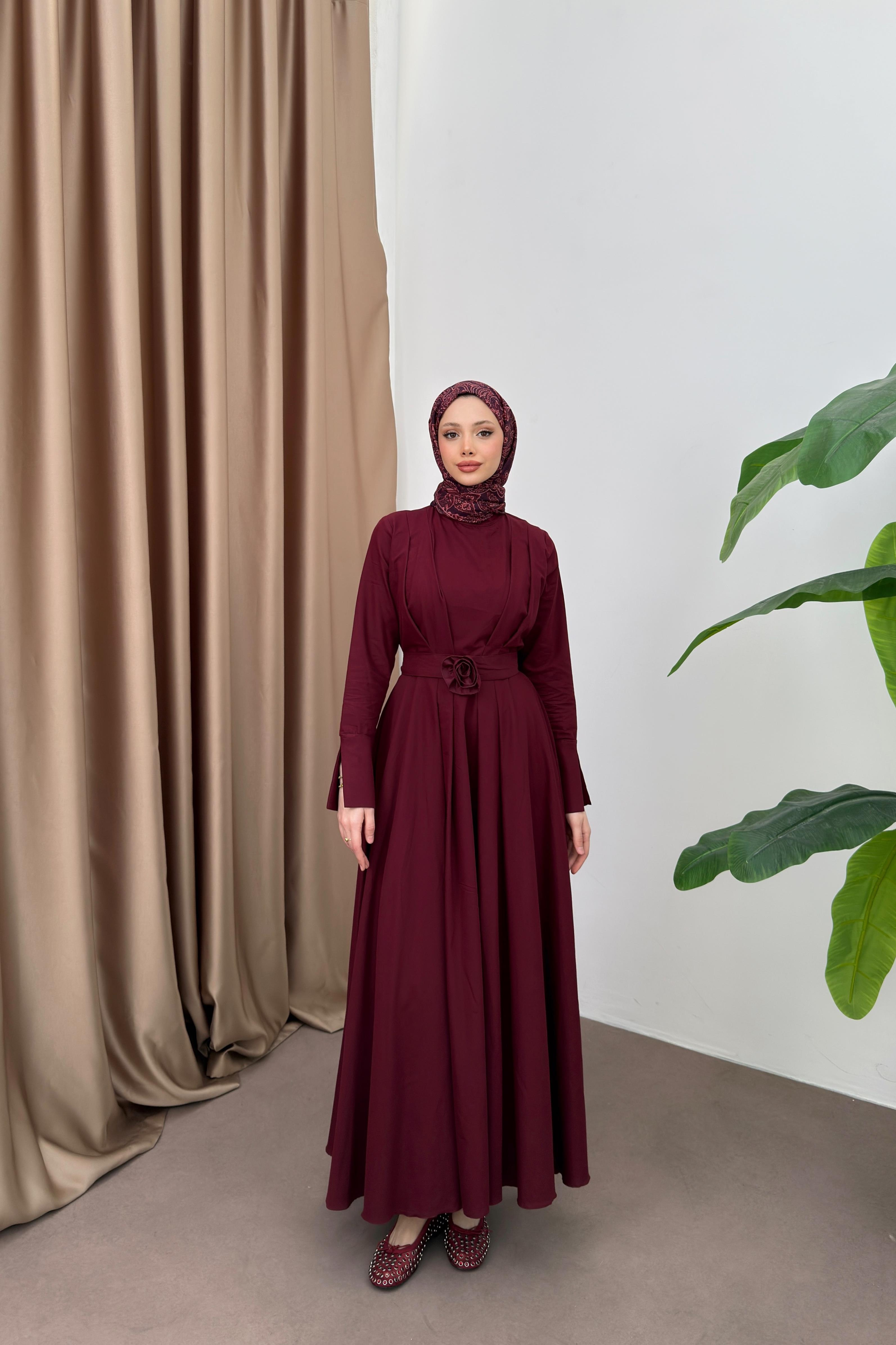 Yırtmaç Kol Poplin Elbise - Bordo