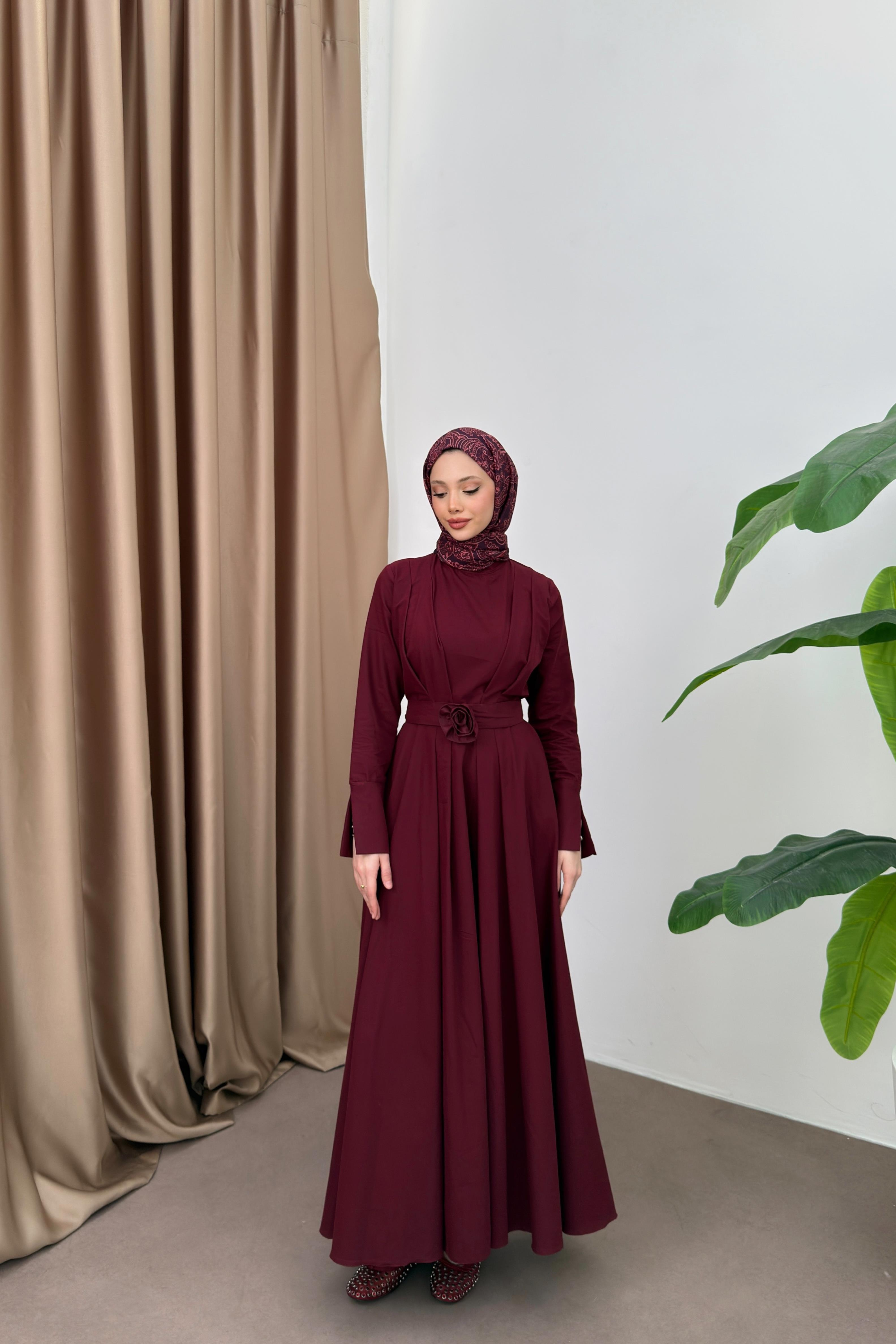 Yırtmaç Kol Poplin Elbise - Bordo