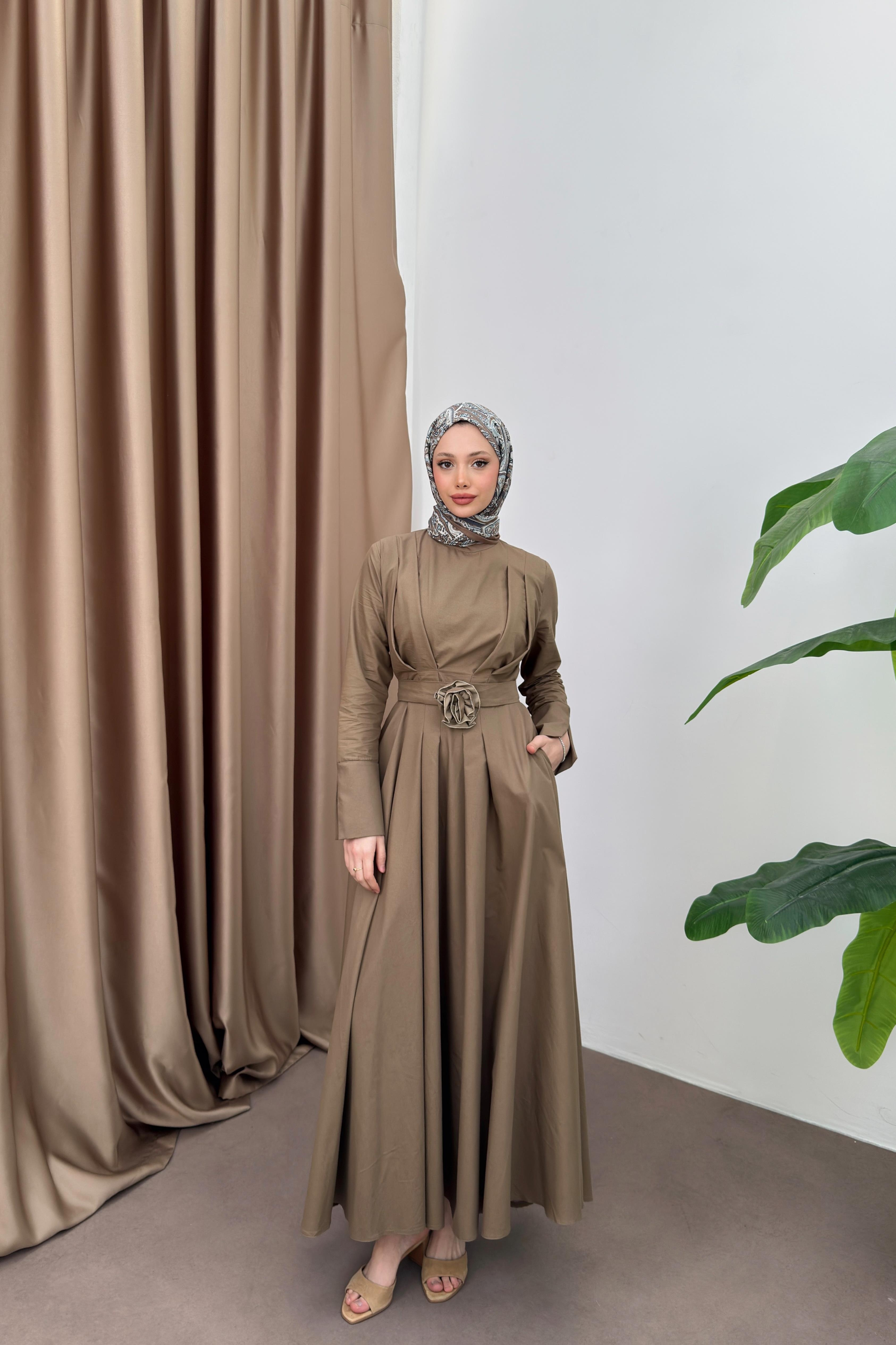 Yırtmaç Kol Poplin Elbise - Camel