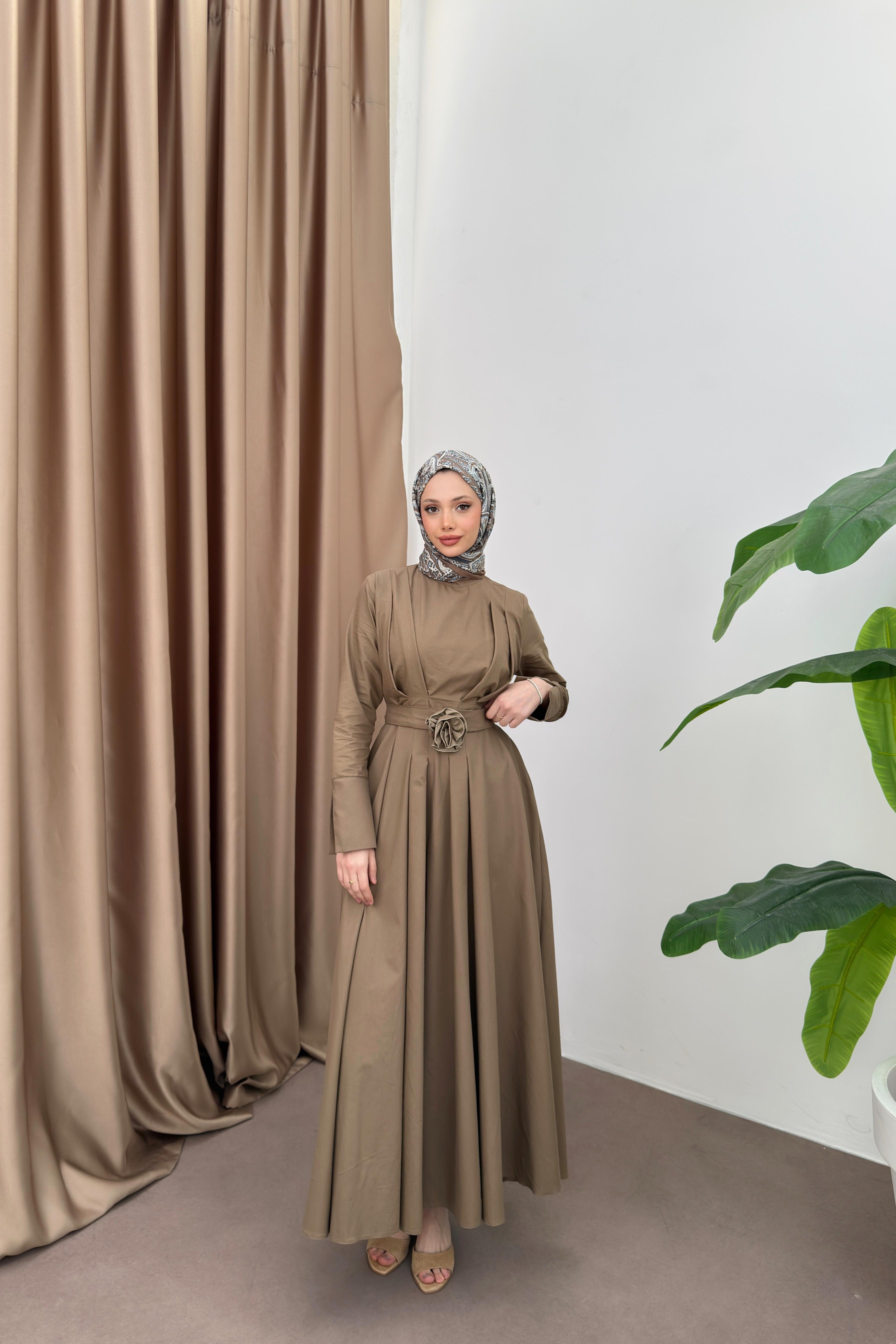 Yırtmaç Kol Poplin Elbise - Camel