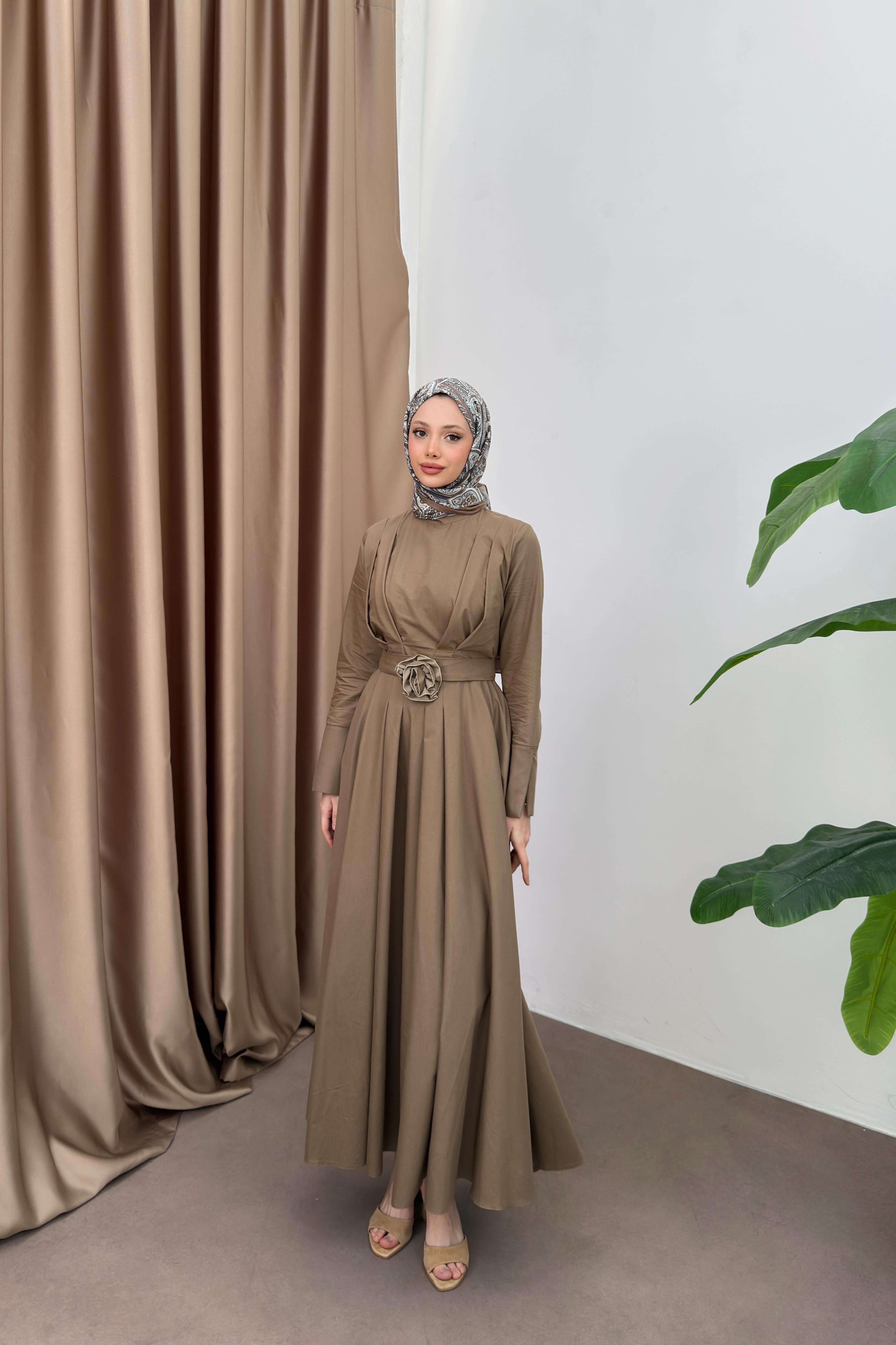Yırtmaç Kol Poplin Elbise - Camel