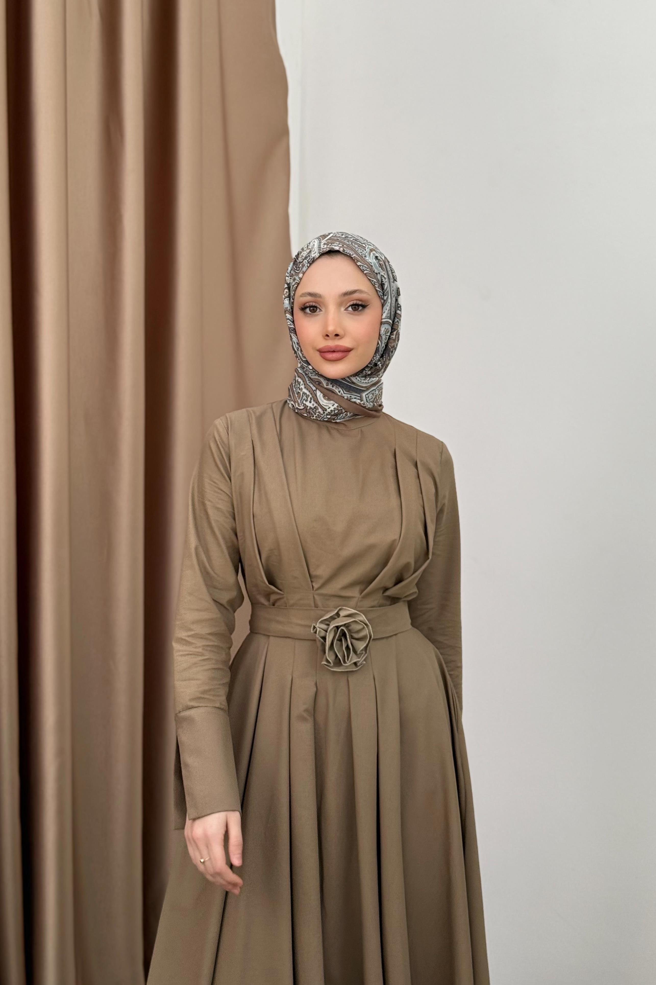 Yırtmaç Kol Poplin Elbise - Camel