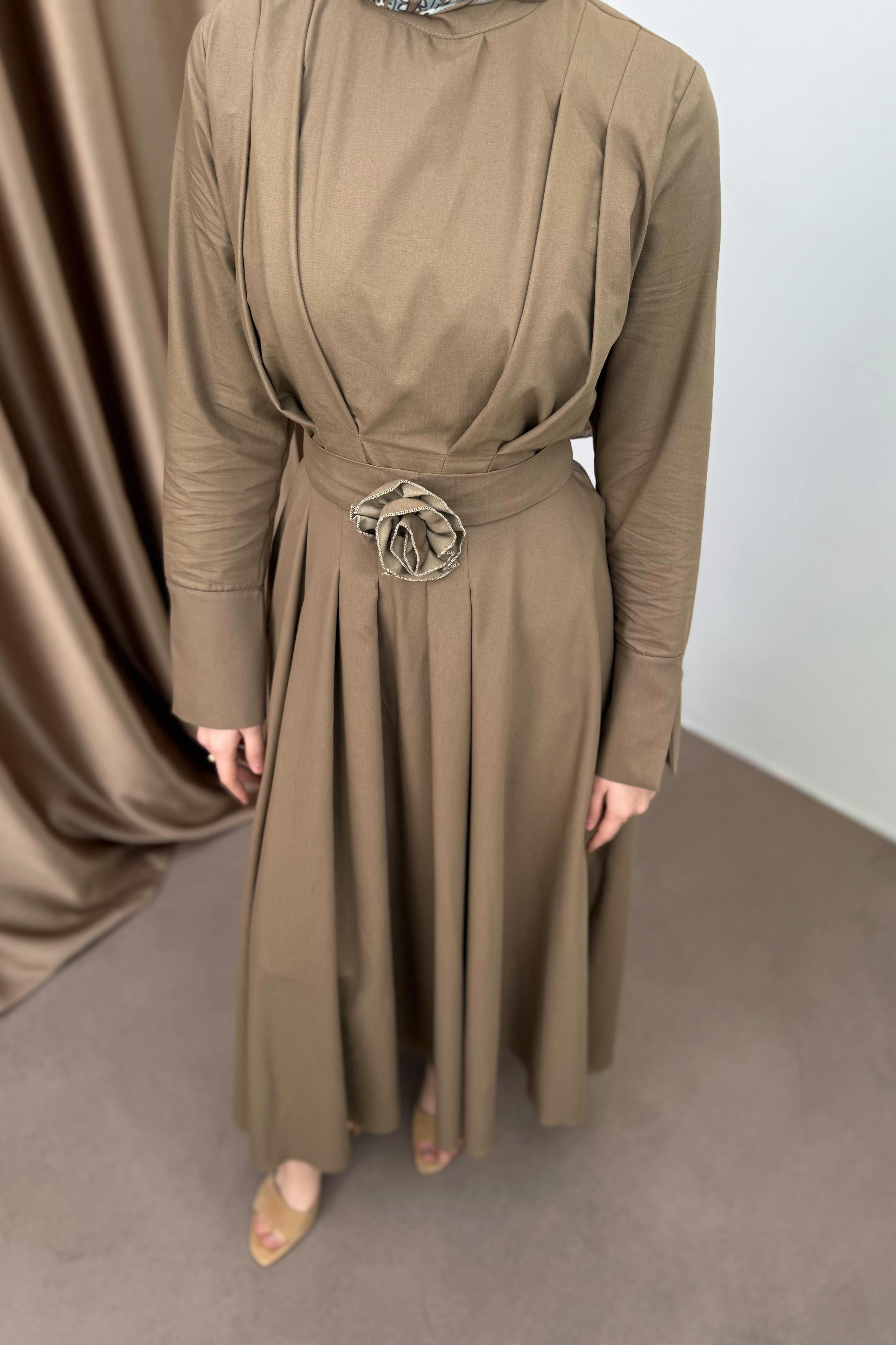 Yırtmaç Kol Poplin Elbise - Camel