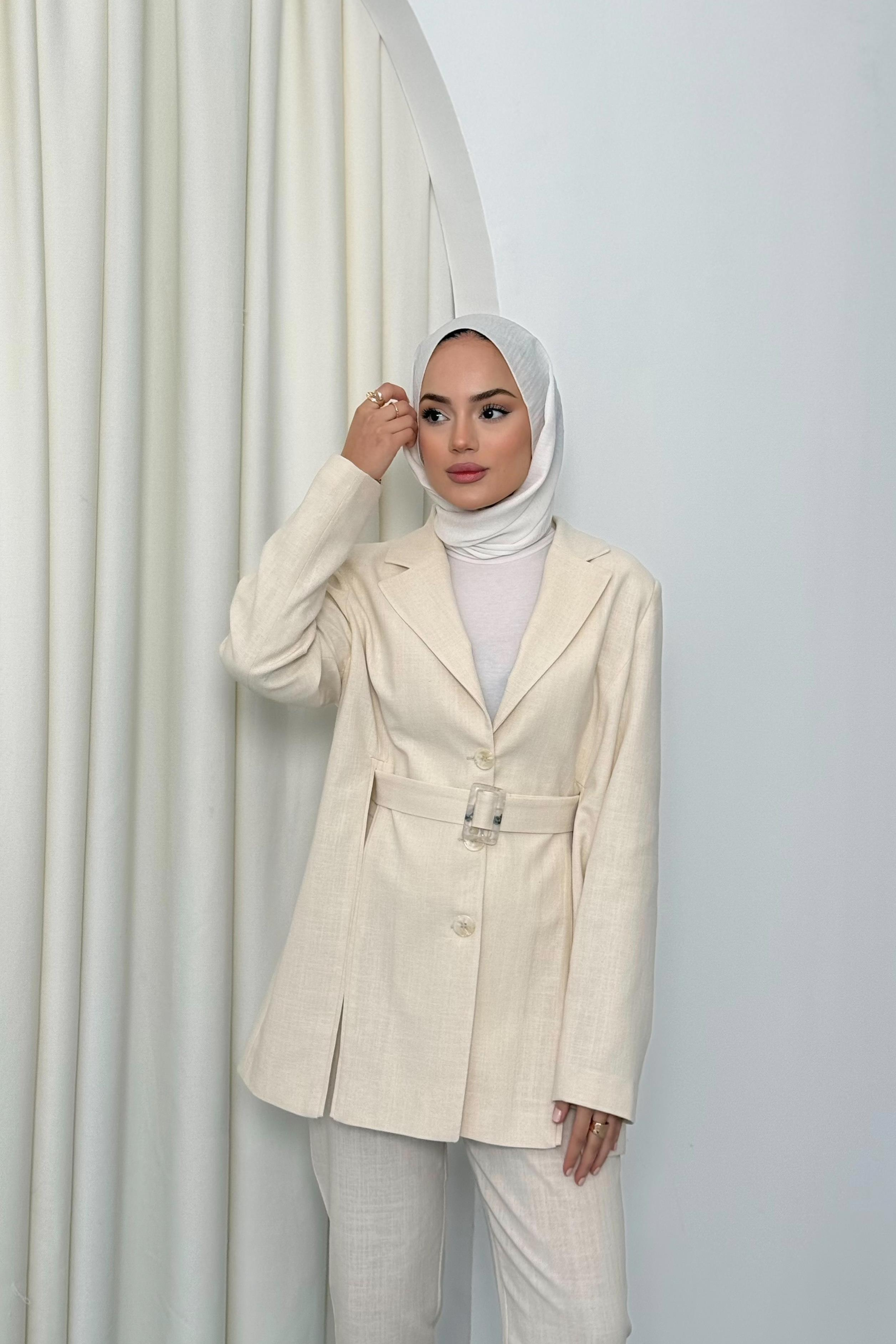 Yırtmaçlı Keten Pantolonlu Takım - Bej