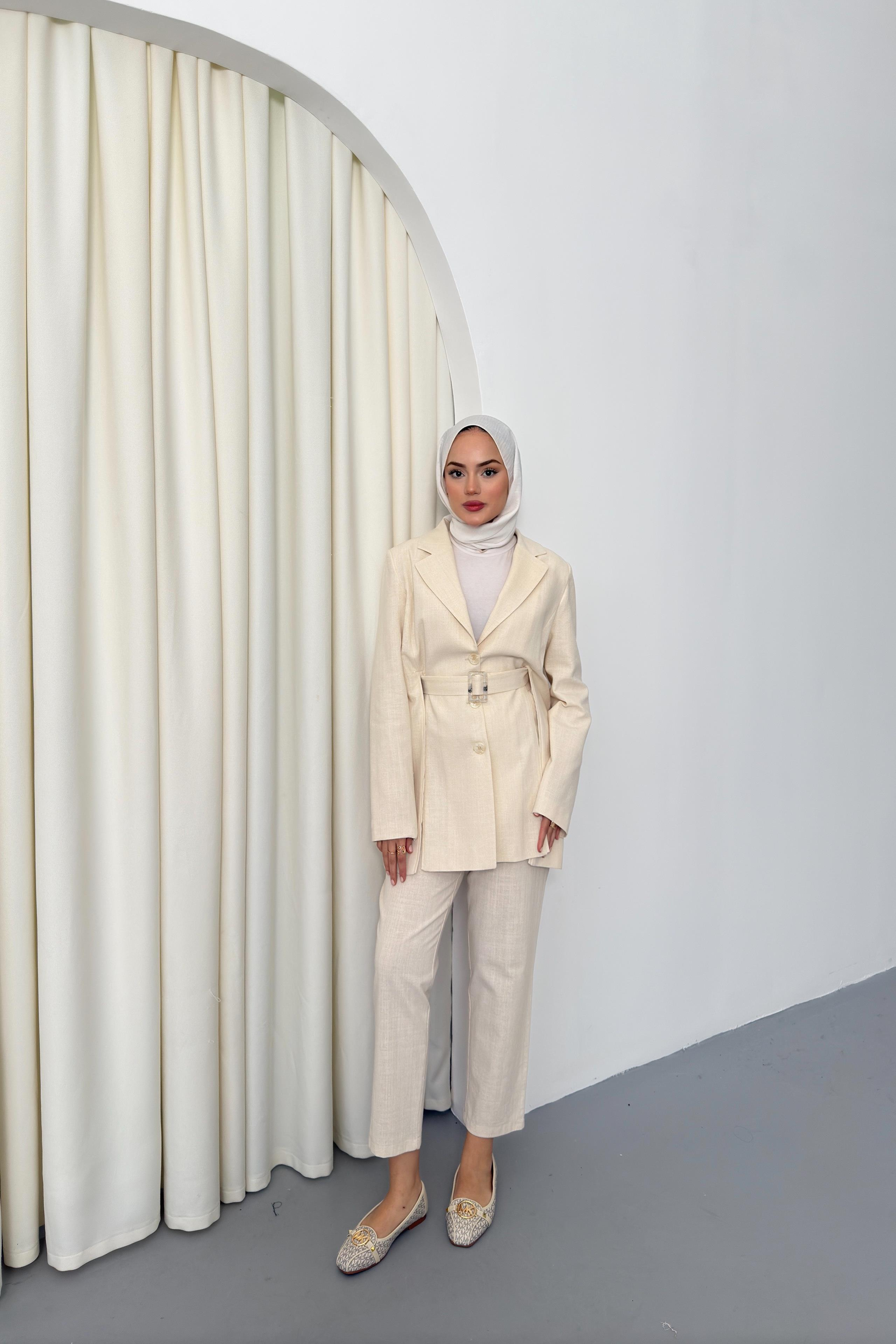 Yırtmaçlı Keten Pantolonlu Takım - Bej