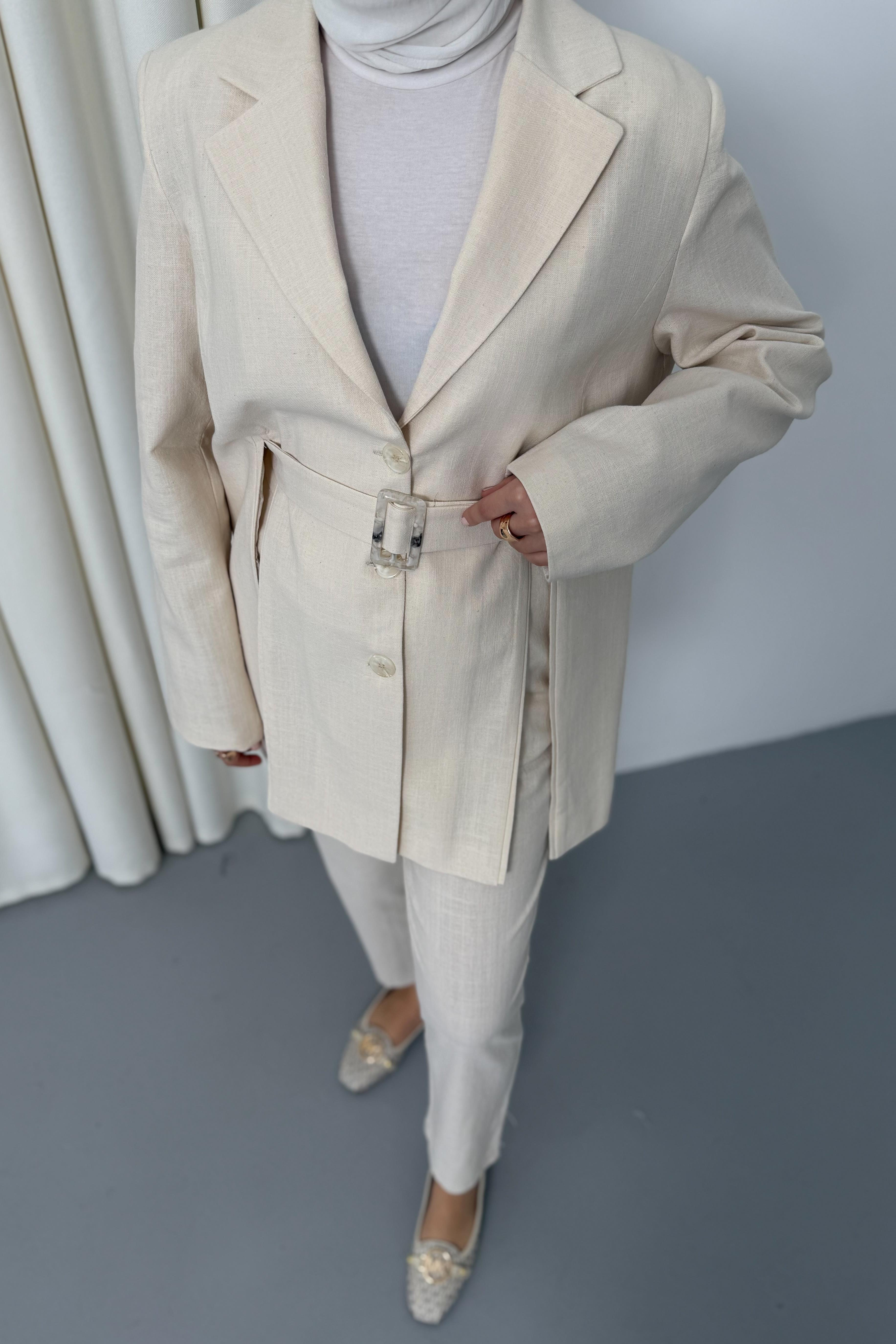 Yırtmaçlı Keten Pantolonlu Takım - Bej