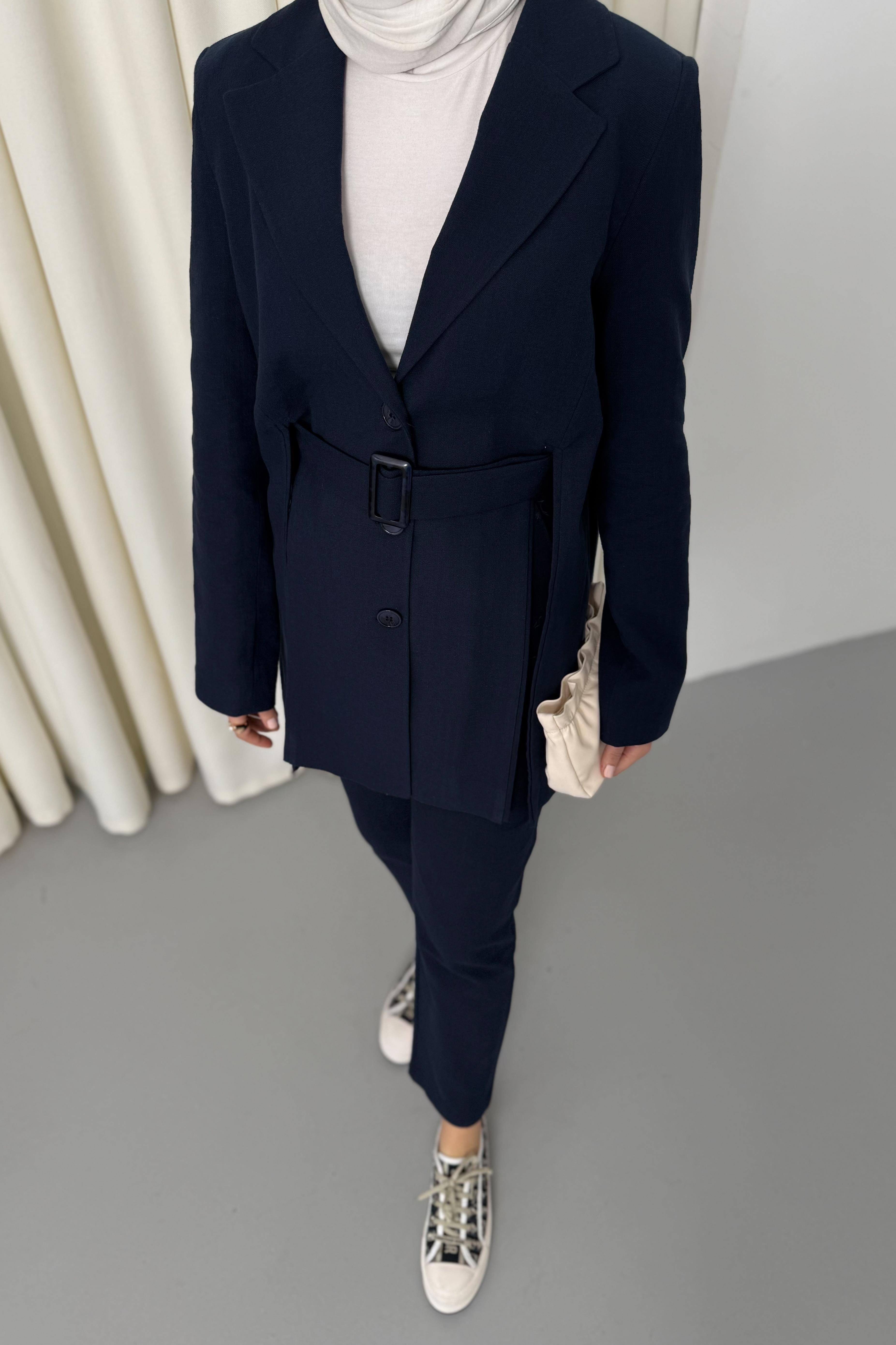 Yırtmaçlı Keten Pantolonlu Takım - Lacivert