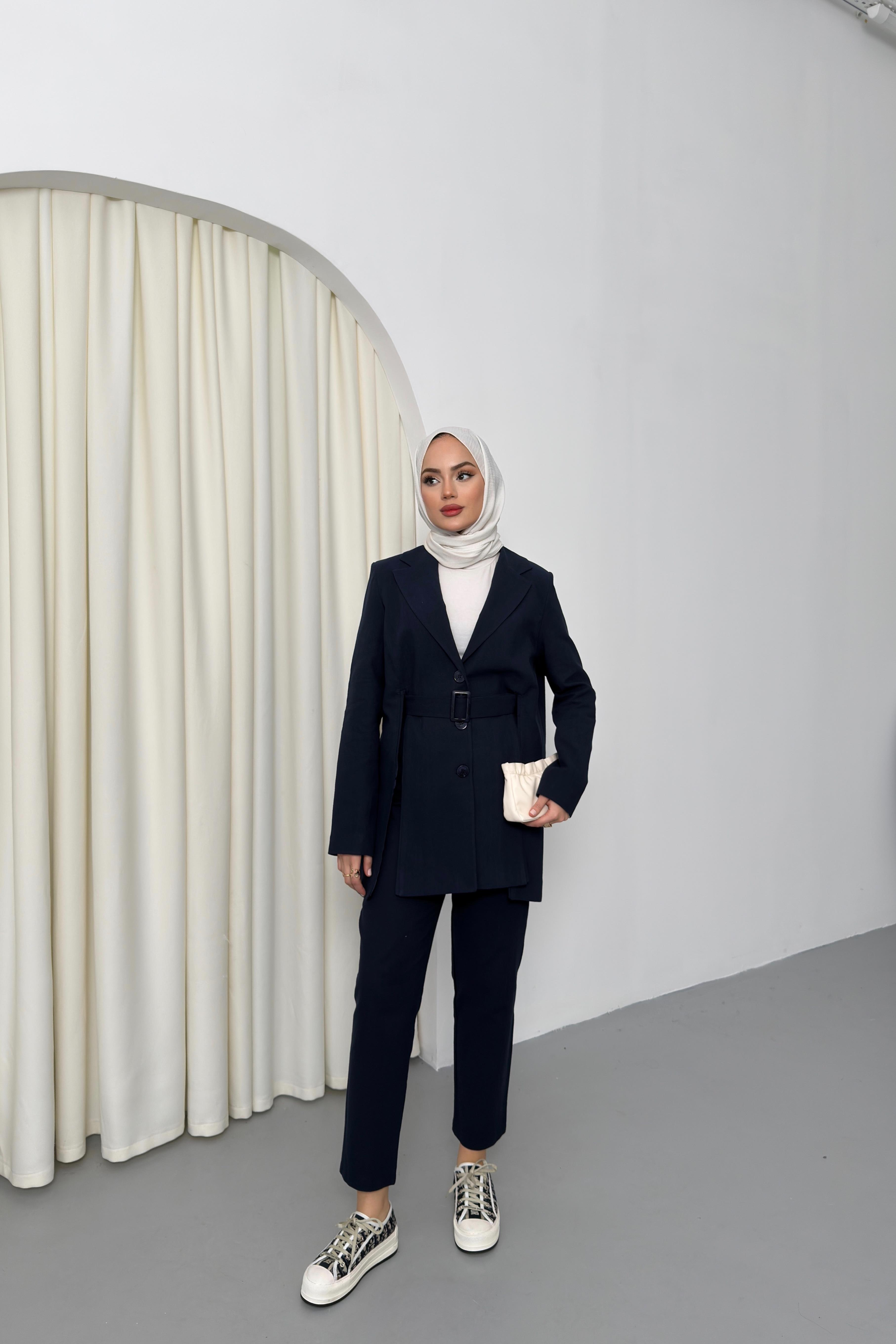 Yırtmaçlı Keten Pantolonlu Takım - Lacivert